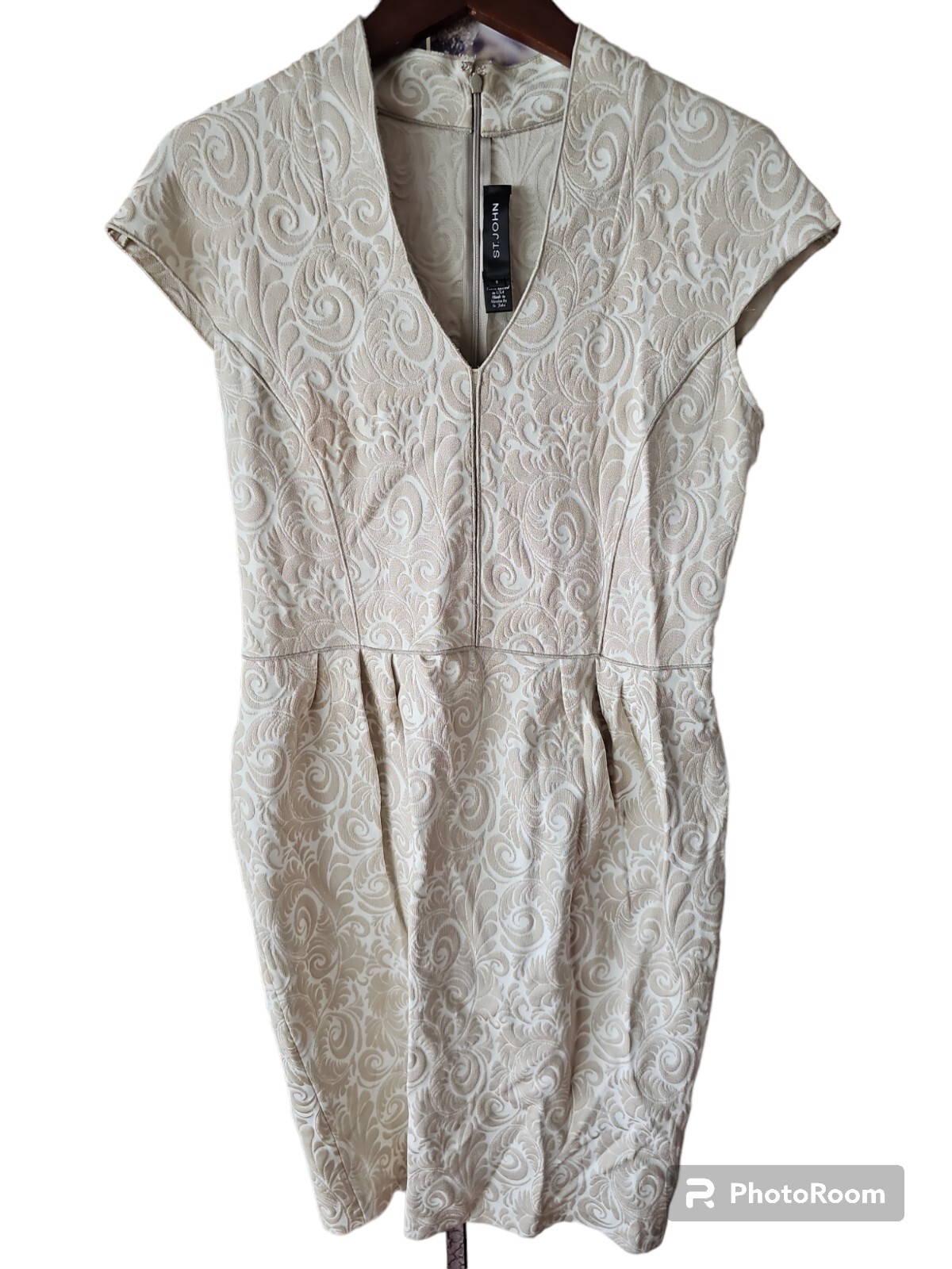 St John Neutral Ivory Stretch Floral Jacquard Cap Sleeve Sheath Dress sz 6 JT01