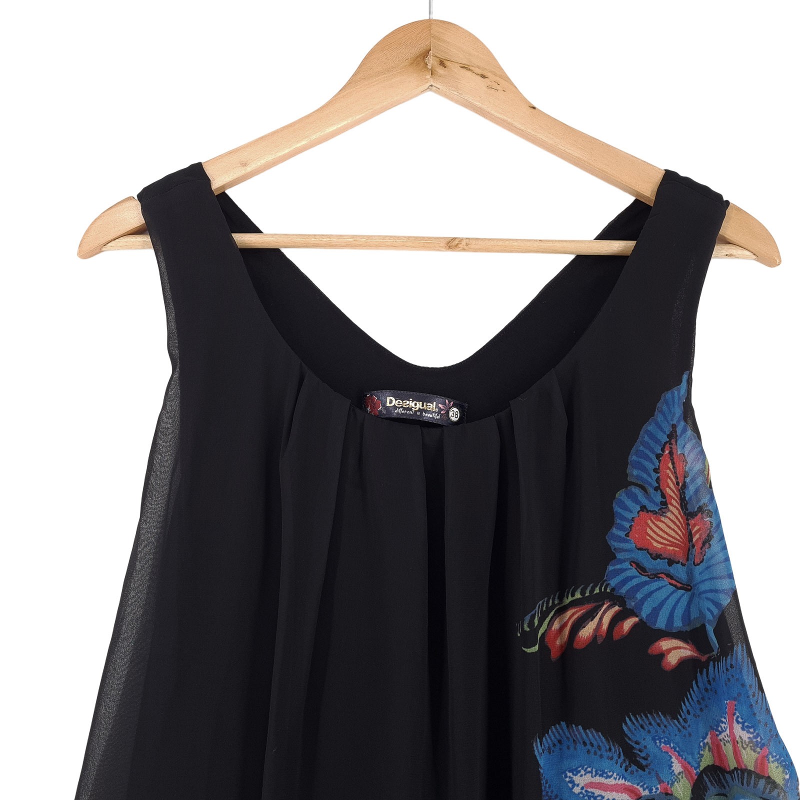 Desigual Shift Dress Black Floral Print Sleeveless Chiffon Size 38