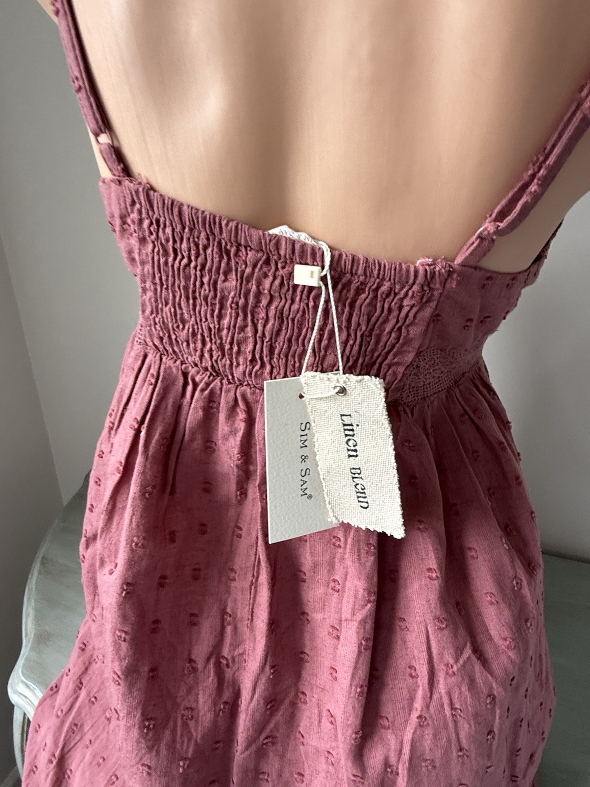 Romantic Linen Blend Midi Dress Smocked Swiss Dot Prairie Boho Mauve NWT Cottage
