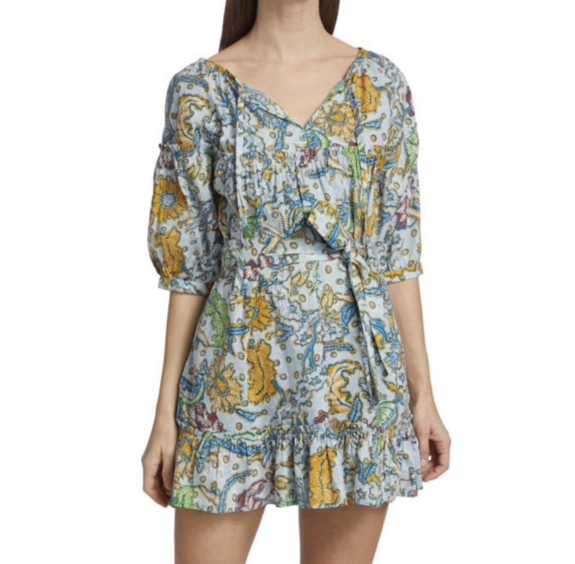 NWT $295 Suzie Kondi Vari Ruffle Dress M Batik Print Paradeisos Boho Resort M