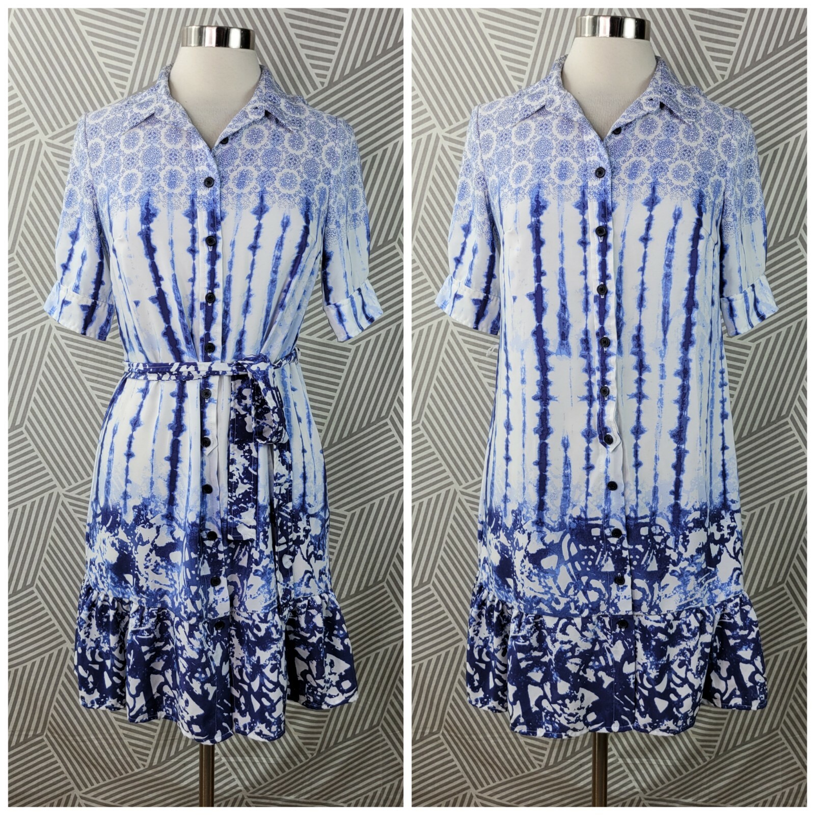 Peter Som Size 4 Shirt Dress Button front career Tie-dye belted Ruffle Hem Blue