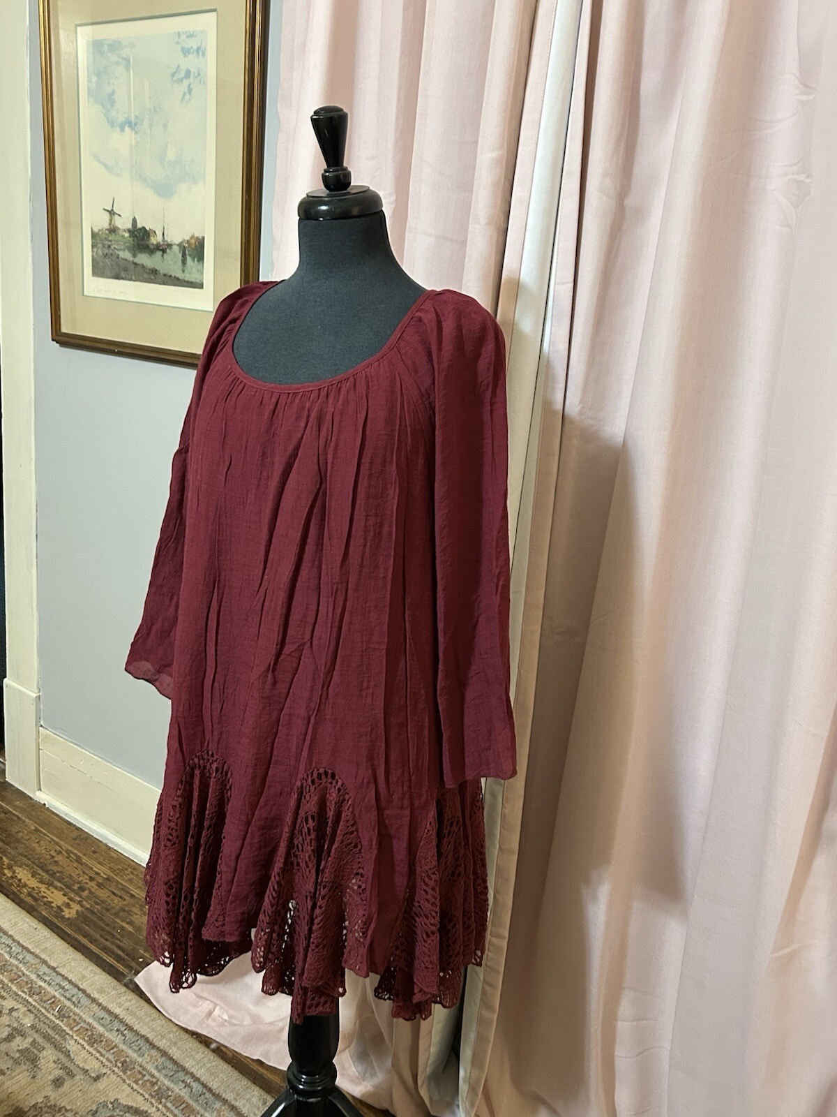 Indigo Soul Woman’s Size L Dress Tunic Lace Crochet Gauzy Peasant Burgundy