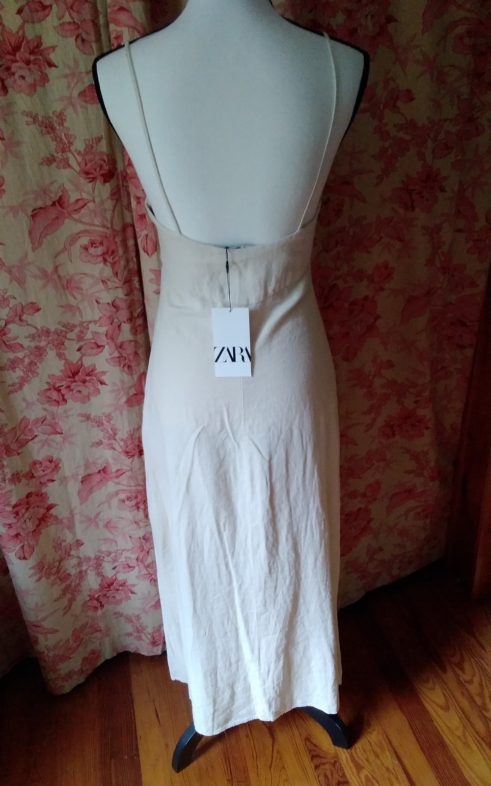 Zara Beige Button Front Strap Linen Midi Sun Dress Small NWT
