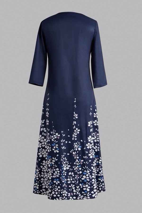 Cherieday Blue White Floral Midi Dress Scalloped Neck 3/4 Sleeve Size 2XL