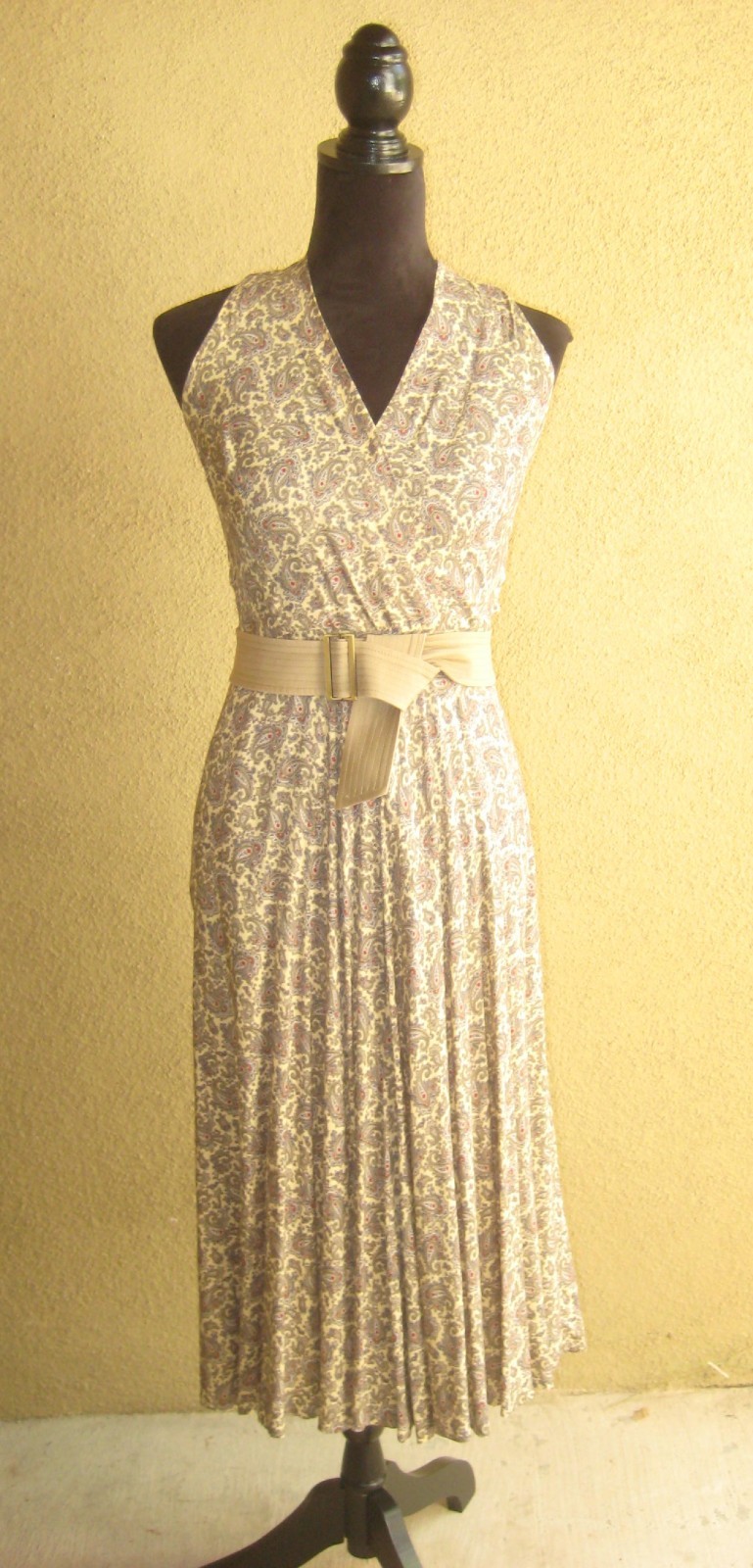 Vintage Ralph Lauren Blue Label rayon tan paisley surplice sleeveless dress 4/6