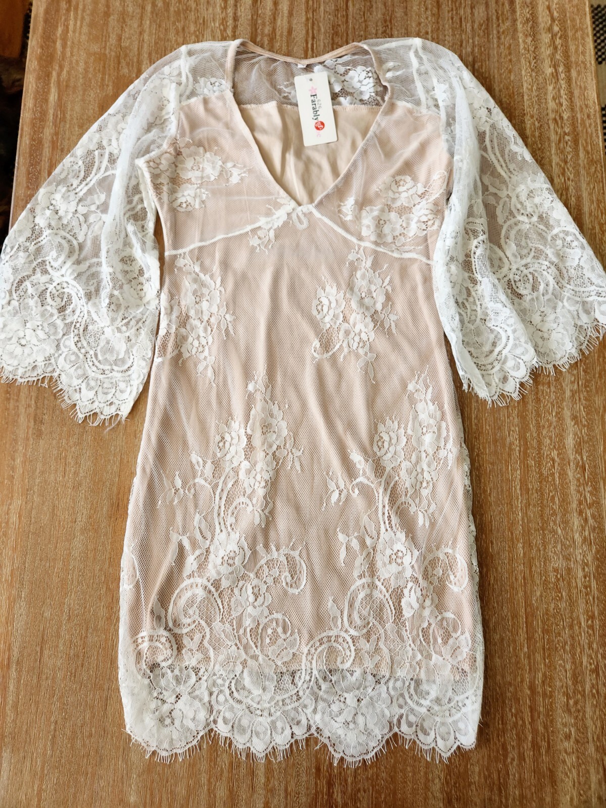 NEW White Eyelash Lace 3/4 Bell Sleeve Dress S Small Nude Lining Lightweight
