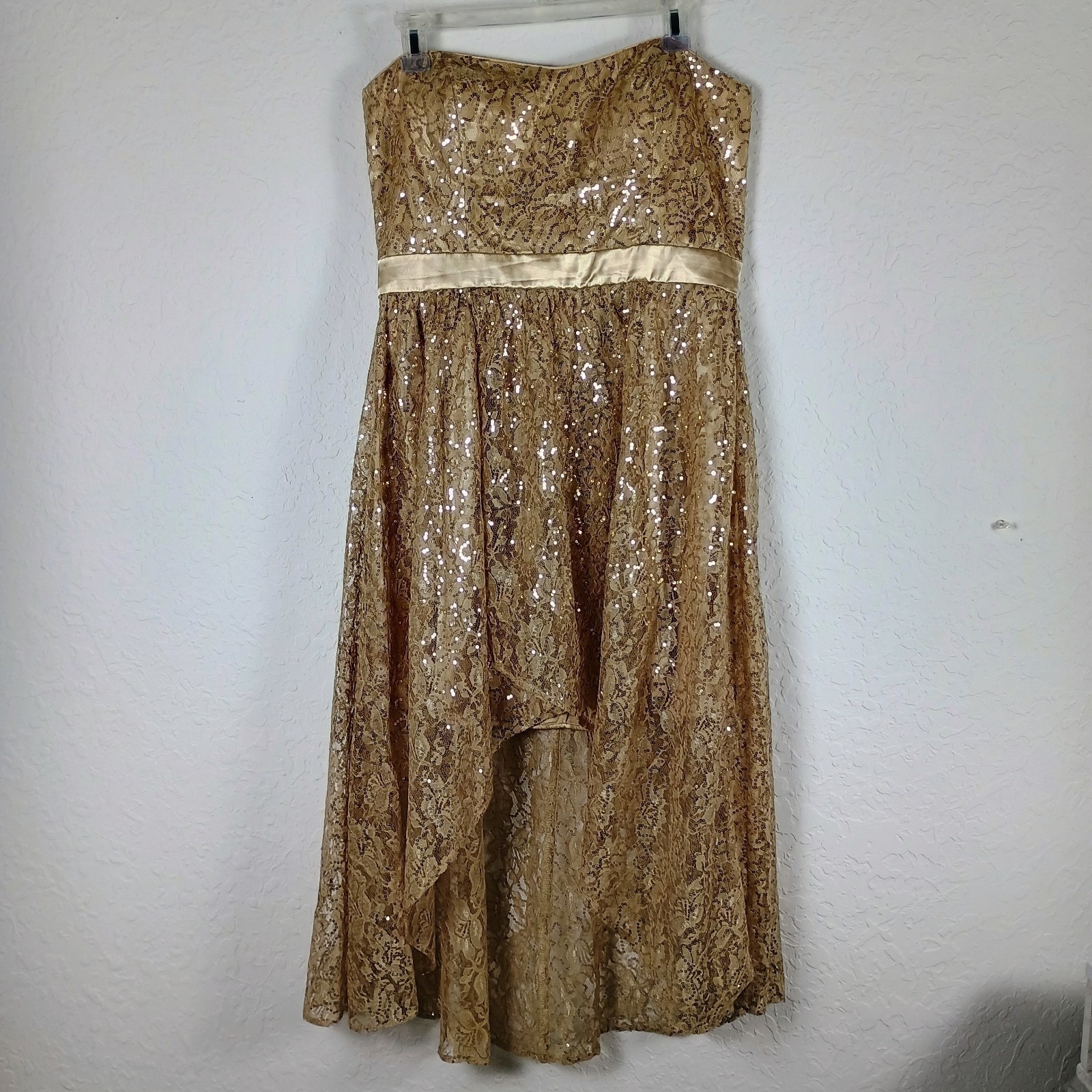 Jump Apparel Gold Sequin Lace Strapless Hi Low Dress Formal Evening Sz 13/14