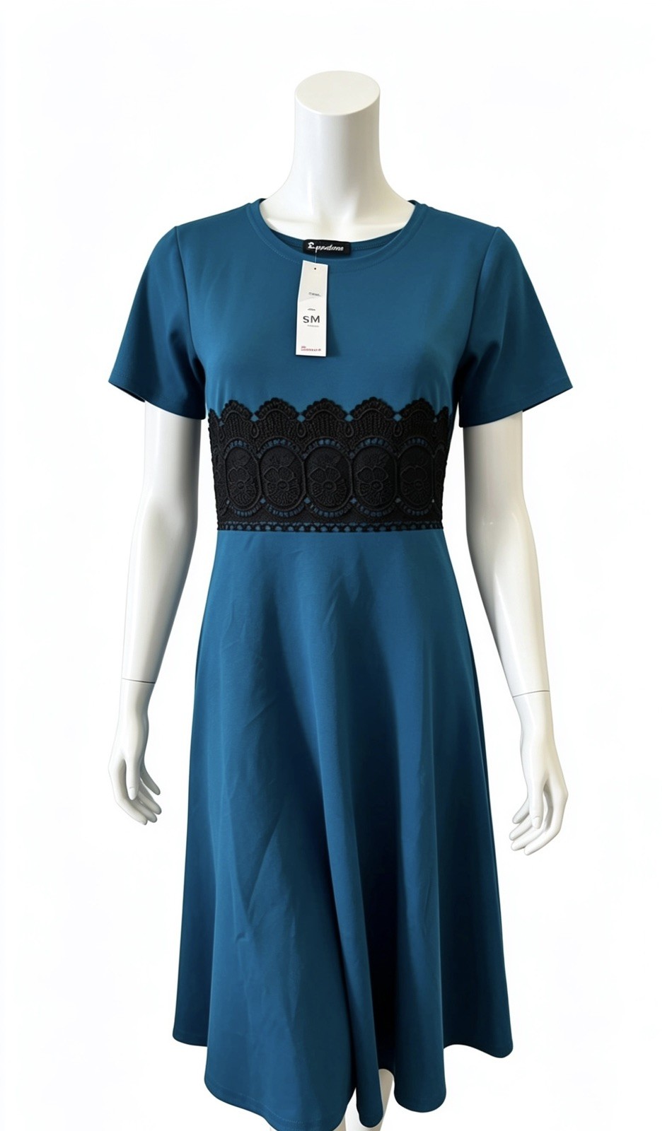 Short Sleeve Teal with Black Lace Midi Dress 28/30