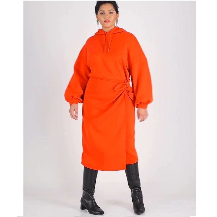 Bar III Women L Fiery Red Orange Wrap Tie Waist Hoodie Dress RETAG CY26