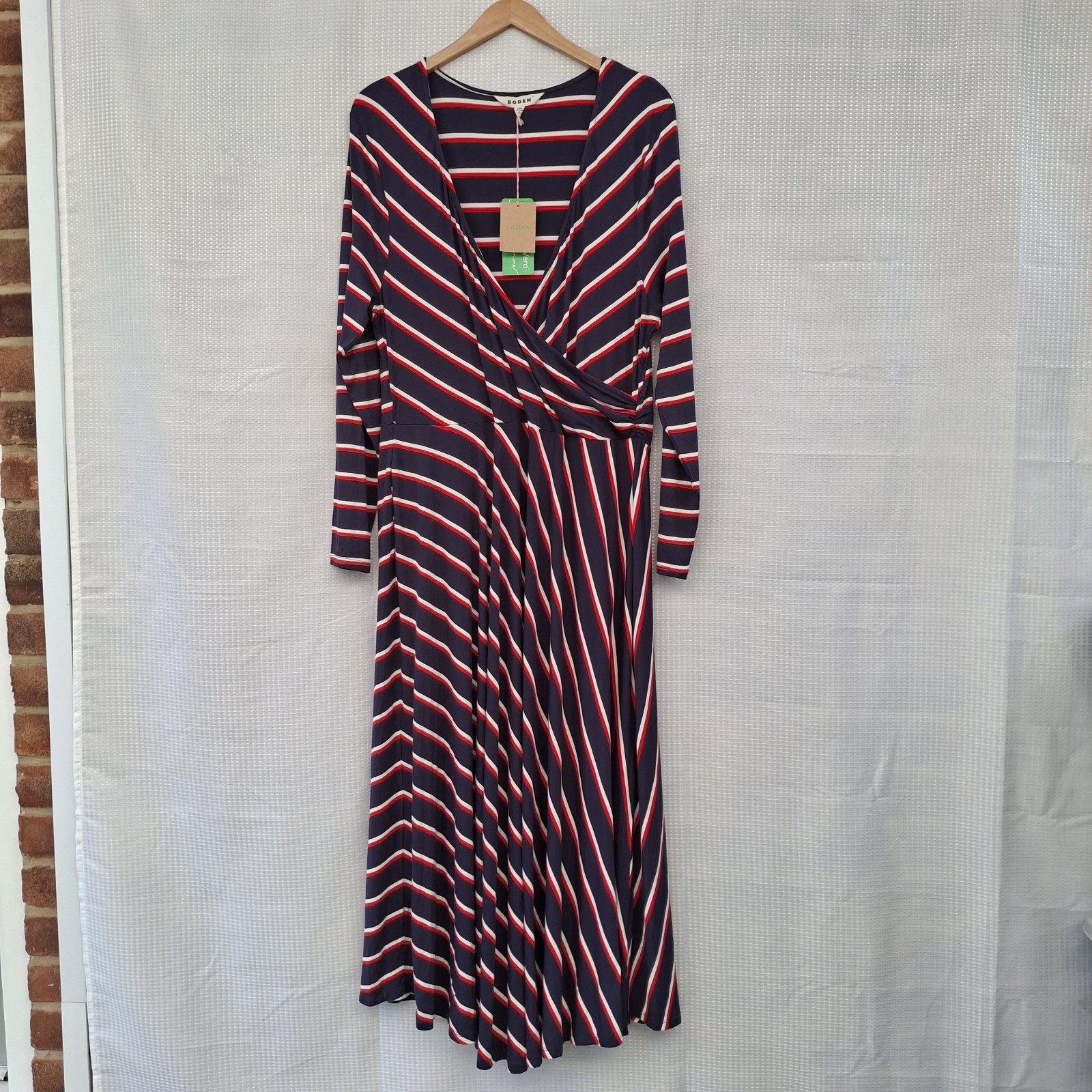 Boden Dress UK 20 R New BNWT Hotch Stripe Jersey Midi Red Navy White Flare