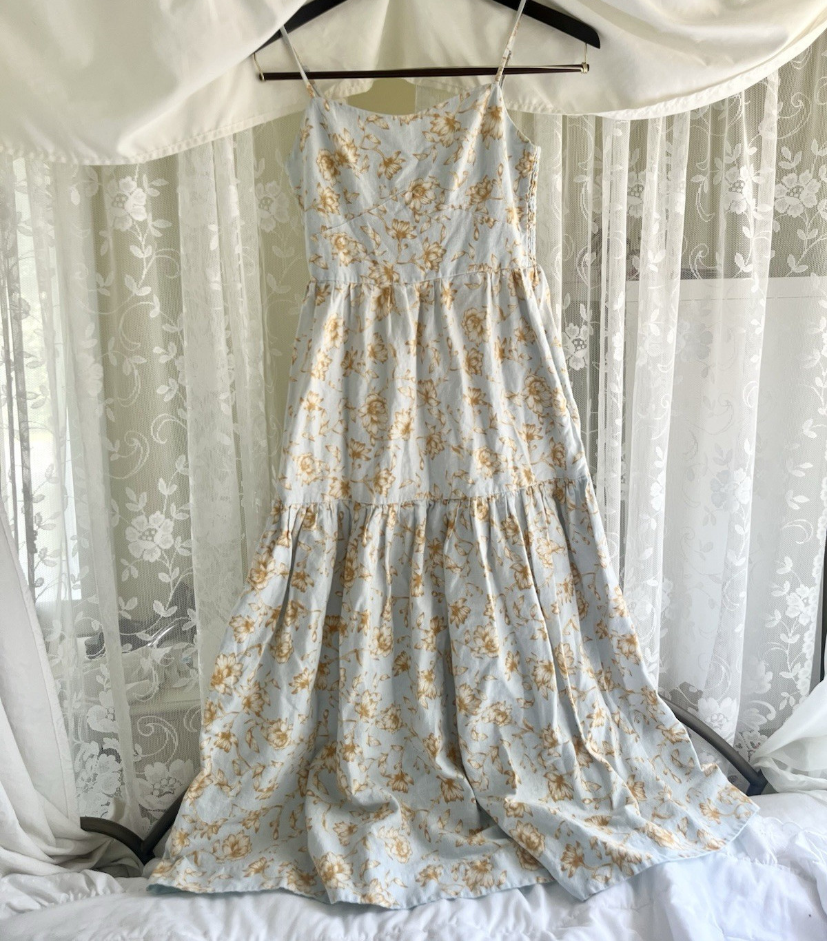 Christian Lacroix Light Blue Tan Floral Square Neck Maxi Dress Pockets S