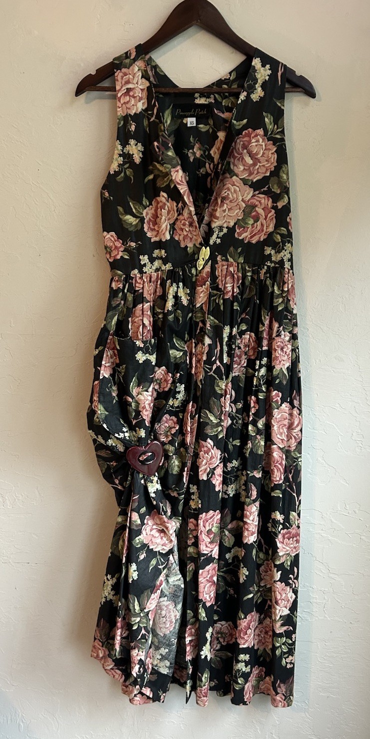 Vintage 80s 90s Pineapple Patch Overall Dress XS Midi Asymmetrical Cottagecore