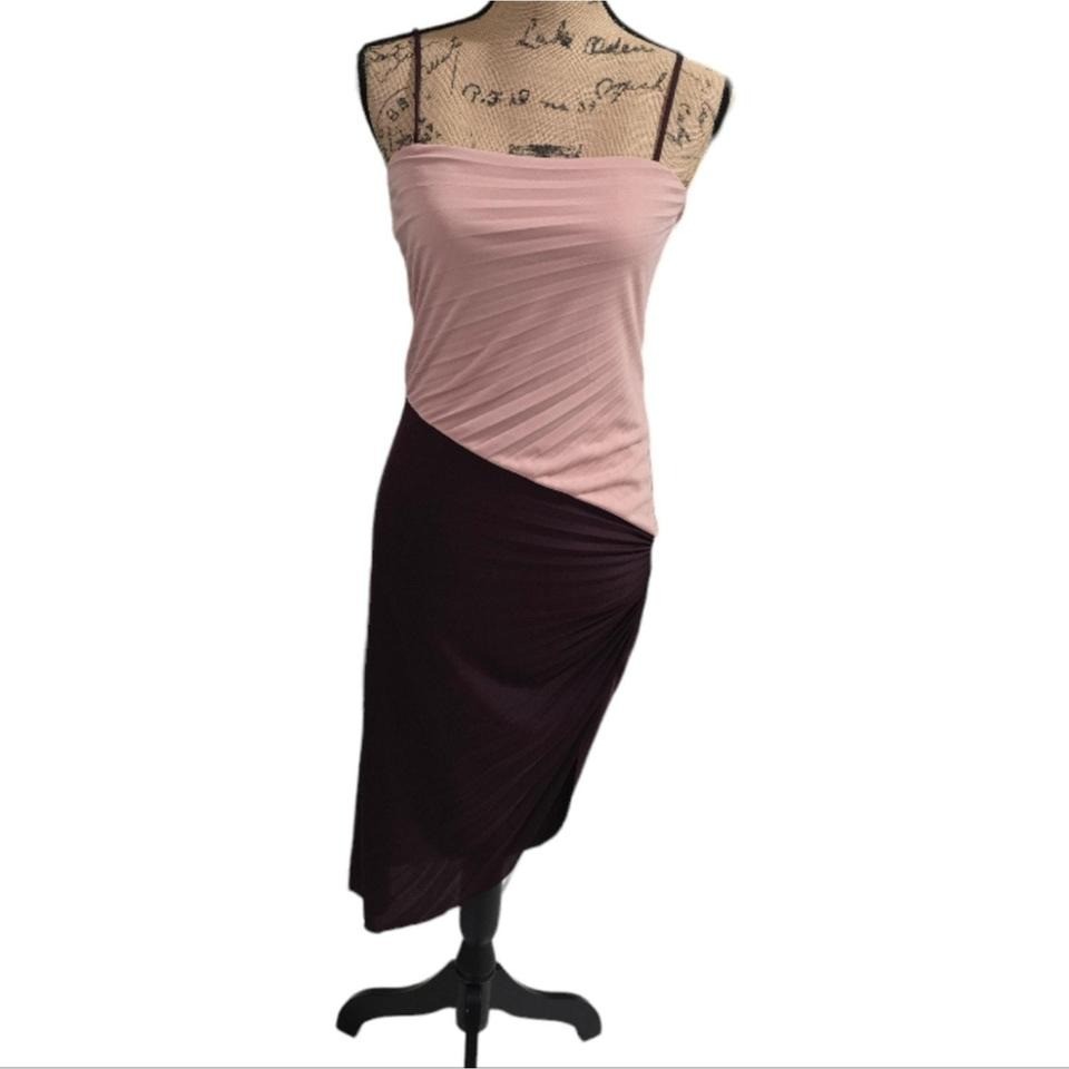 Halston Heritage Asymmetrical Ruched Midi Dress Dusty Pink Aubergine Size 6