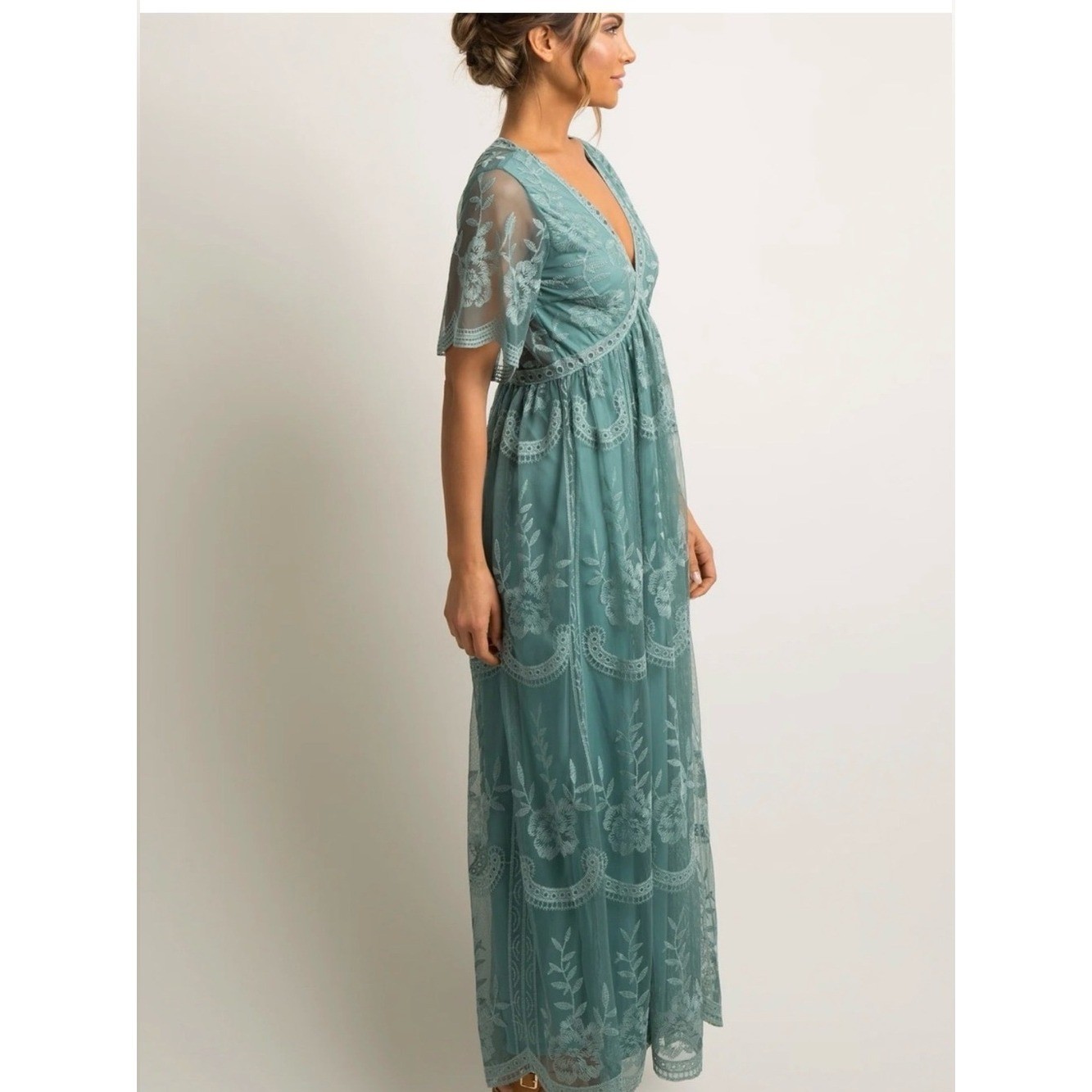 PinkBlush Sage Green Embroidered Lace Maternity Maxi Dress S Romantic Fairycore