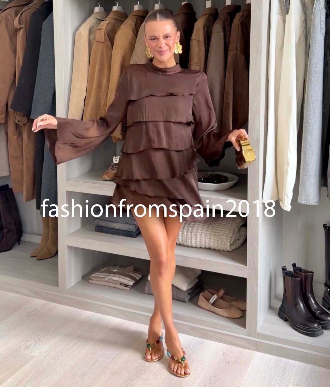 ZARA NEW WOMAN SATIN EFFECT RUFFLED SHORT DRESS BROWN XS-XL 2087/645/700