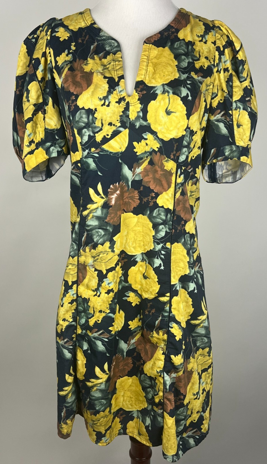 SEA NEW YORK Floral ‘Ella Puff Sleeve Dress’ (Above Knee) – 6, Yellow Navy Brown