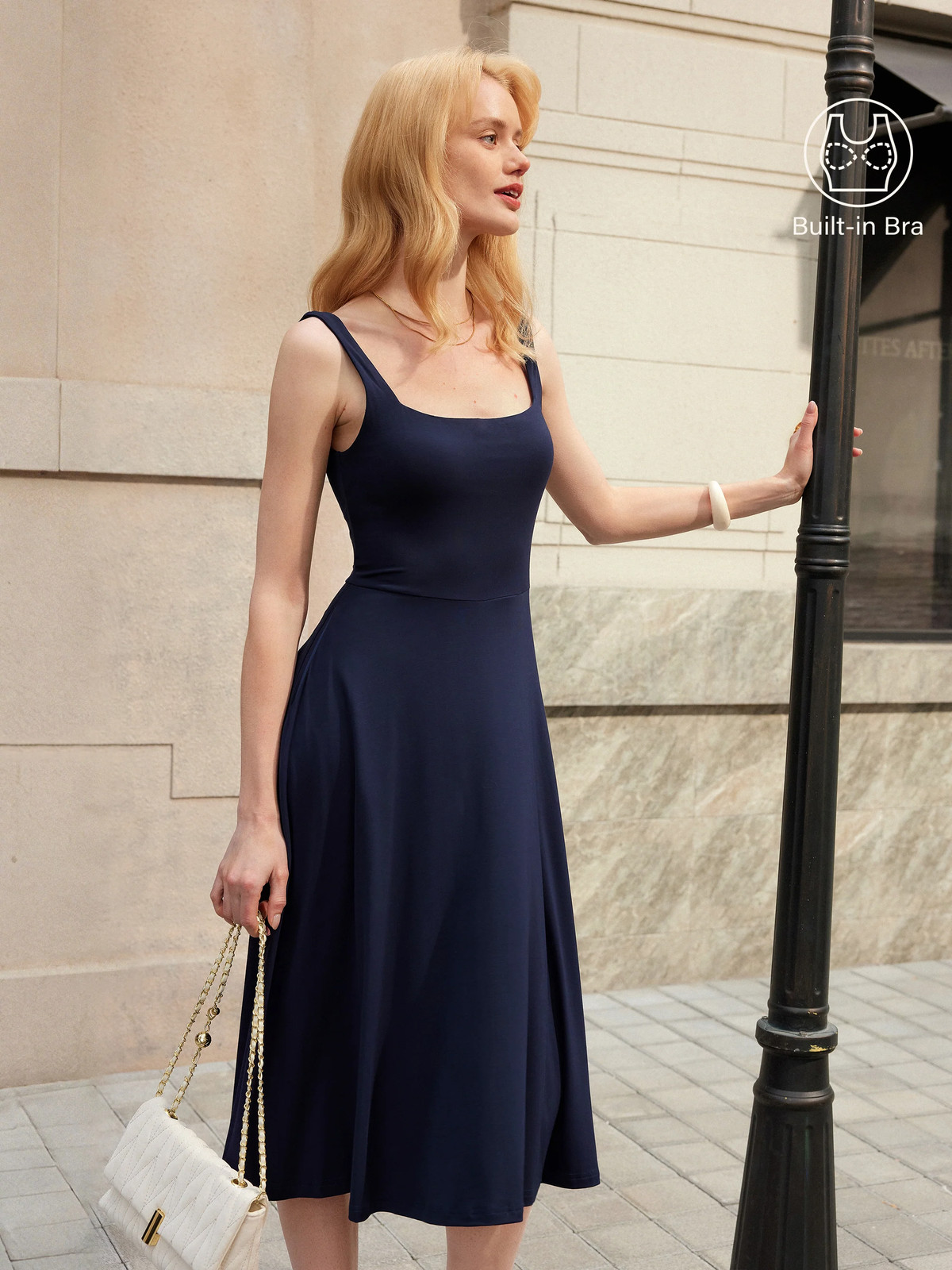 Hot Deal OGLMOVE Square Neck Flowy New Airy Bra Midi Dress