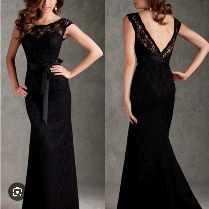 Mori Lee by Madeline Gardner Black Lace V-Back Dress Gown Tie Sash US 20