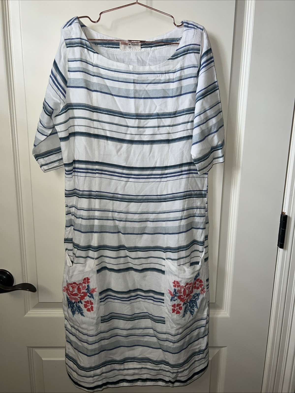 Bombay Paisley Stripe Embroidered Sheath Dress Sz XS Boho Cottagecore Lagen