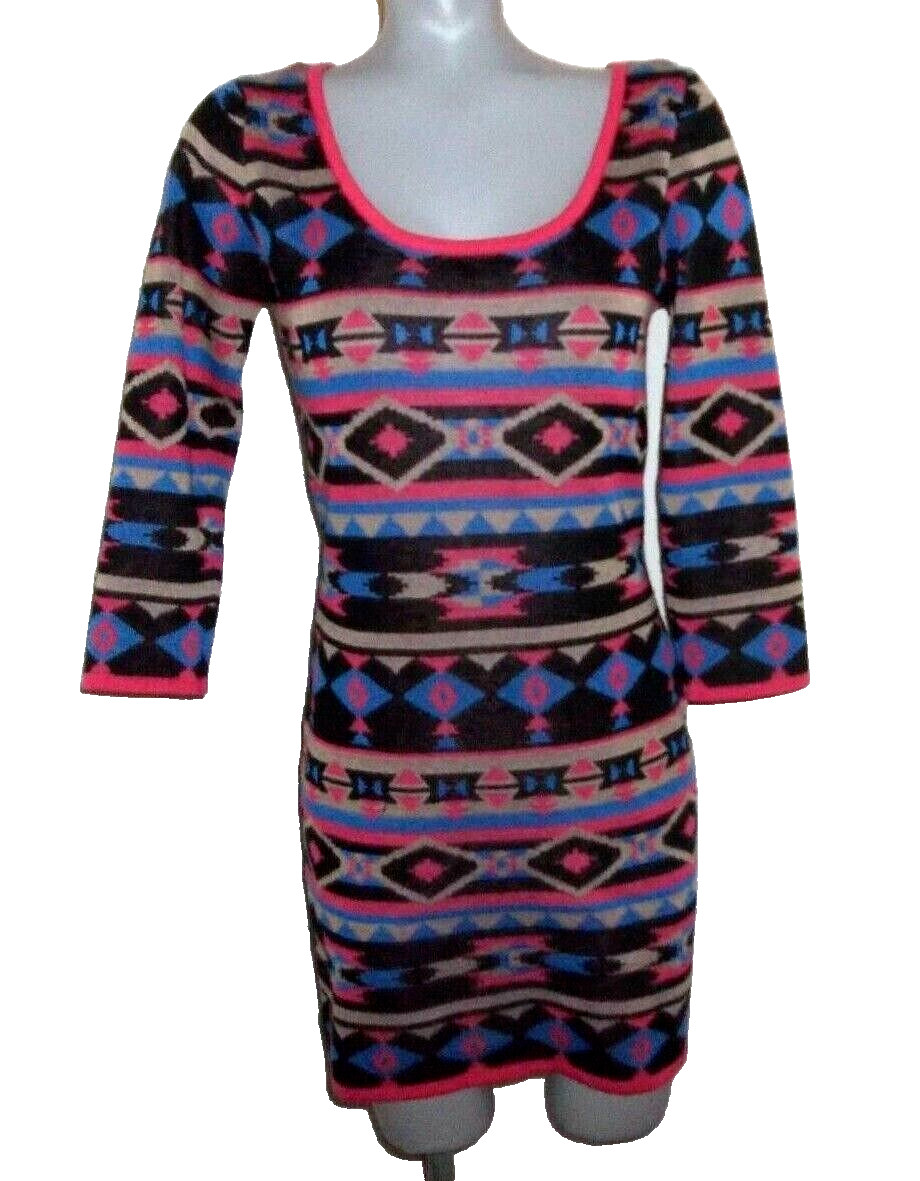 FLYING TOMATO Sweater Dress, Sz Small 0-2, Pink/Blue/Black/Tan Aztec Design Poly