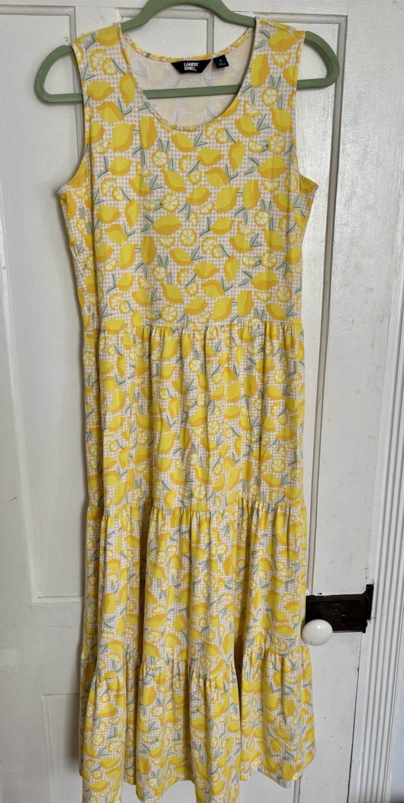 Lands’ End Women’s Sleeveless Tiered Maxi Dress In Summer Lemon Print Small 6-8