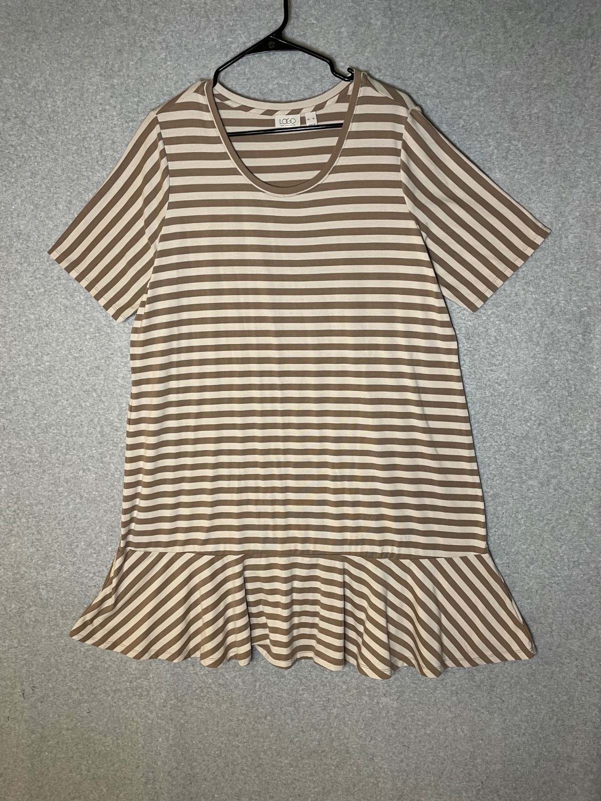 LOGO Midi Dress XL Striped Brown Tan Soft Lightweight Drop Waist Flounce