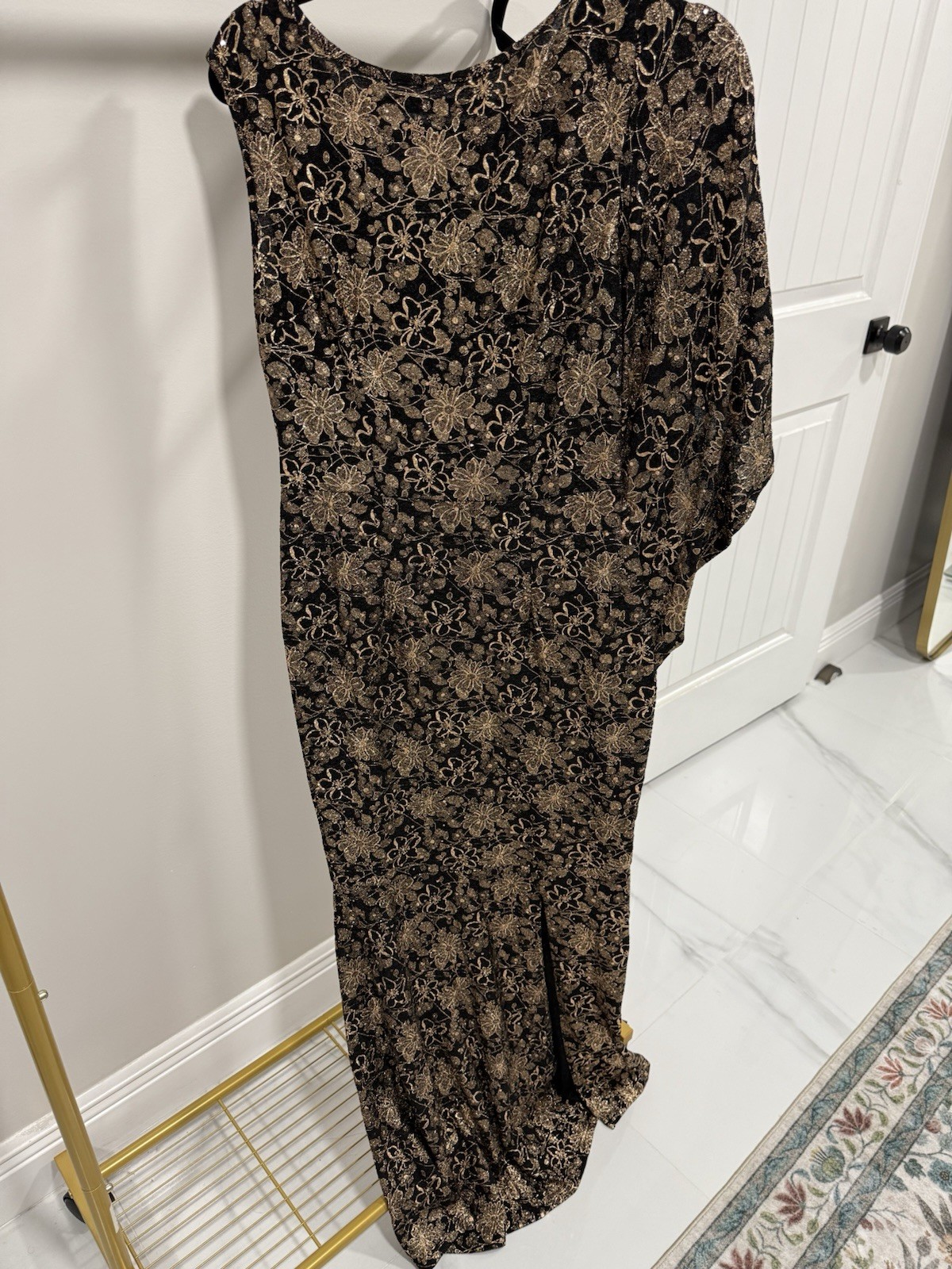 DinyIn Women’s Black/Gold Floral Maxi Dress M Batwing Short Sleeve Round Neck