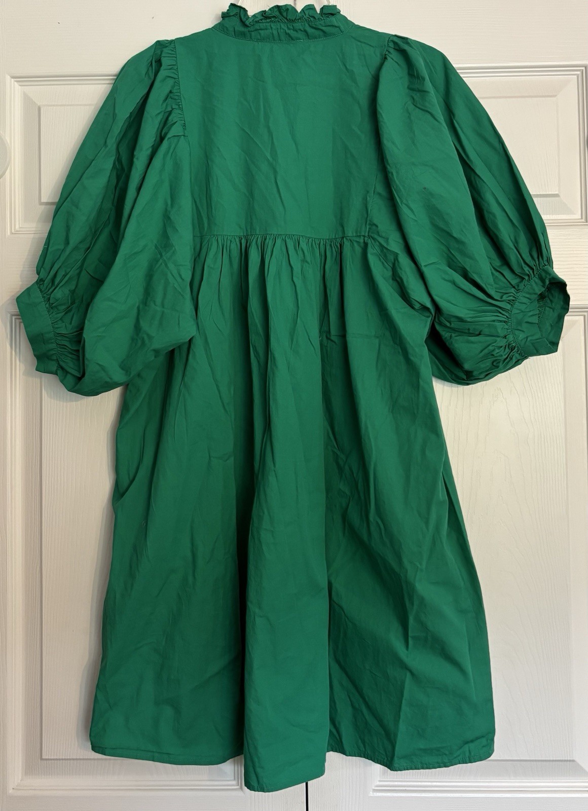 Never A Wallflower Poplin Puff Sleeve Dress High Neck Ruffle Kelly Green Medium