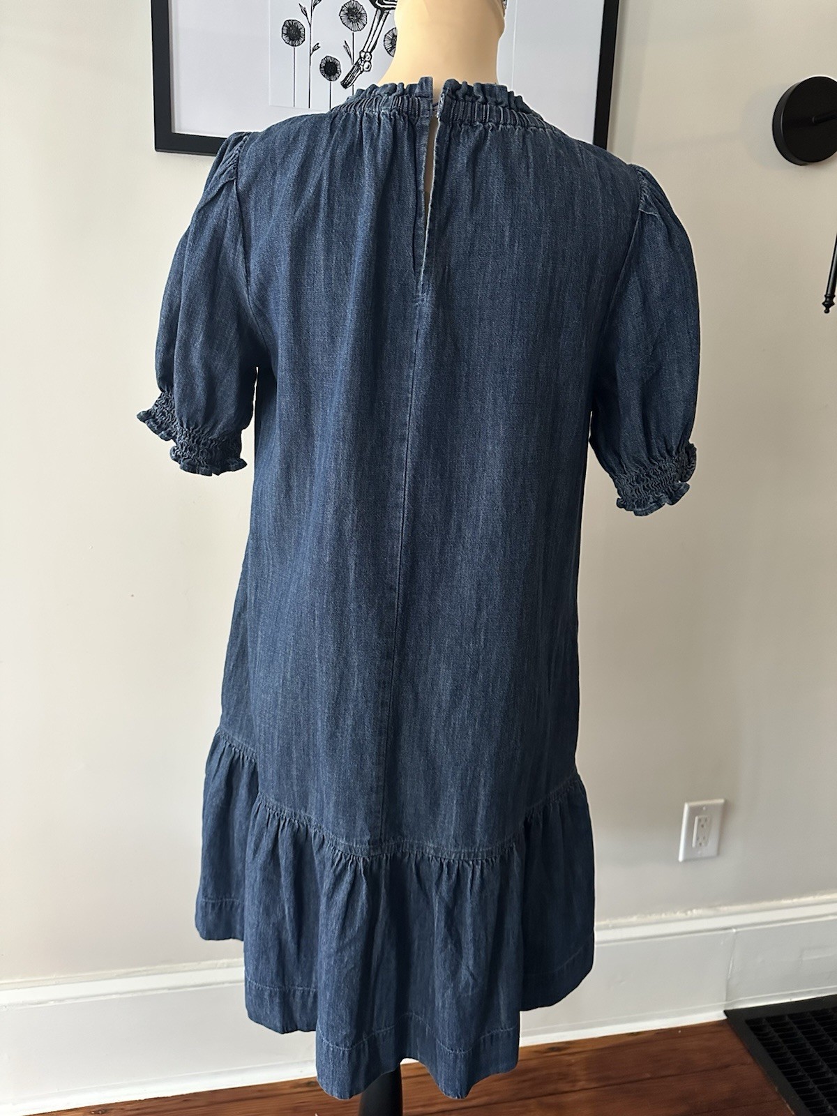 Free Assembly Blue Solid Denim Shift Dress Round Neck Puff Sleeve Pockets XS