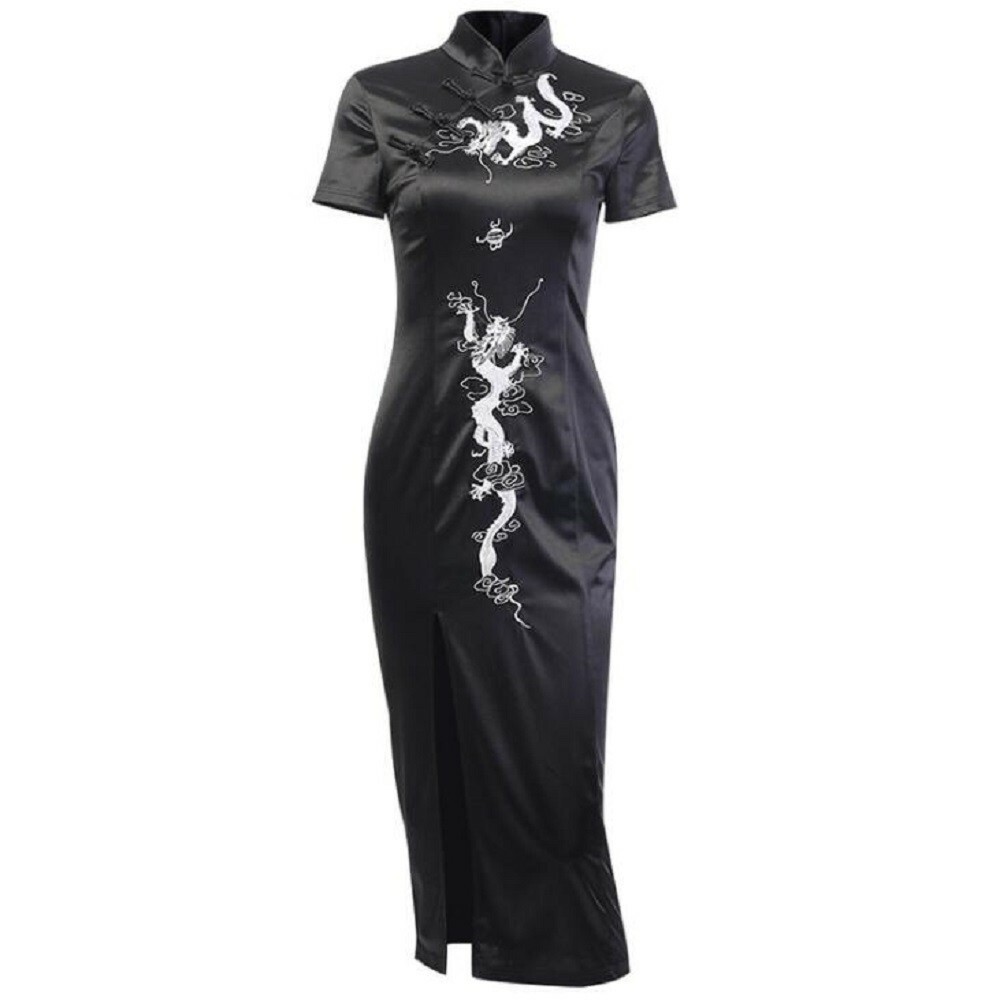 Women Chinese Dress Long Cheongsam Embroidery Dragon Punk Gothic Retro Black