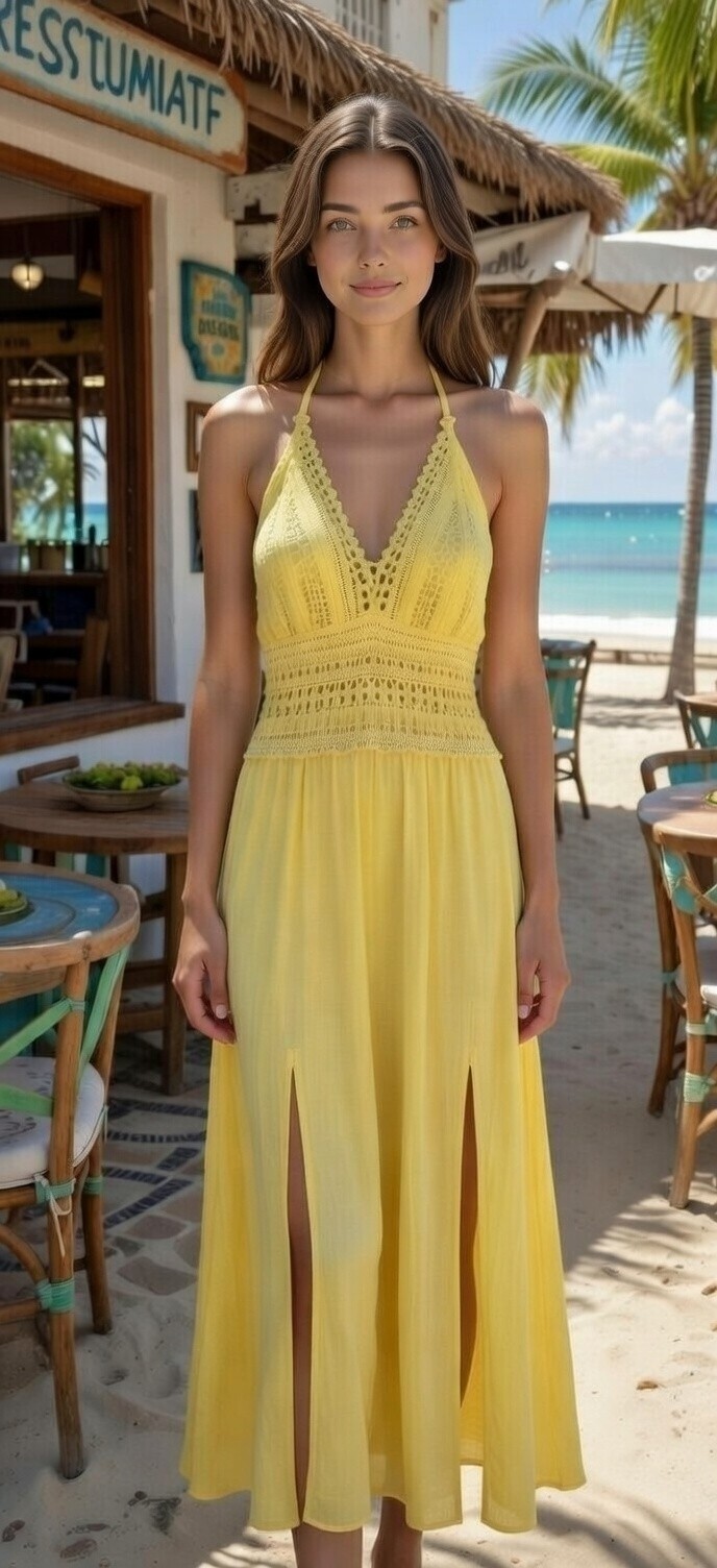 Womans Sexy Boho Yellow Halter Tie Dress-Sea Spice Dress Small 2 Slits In Front