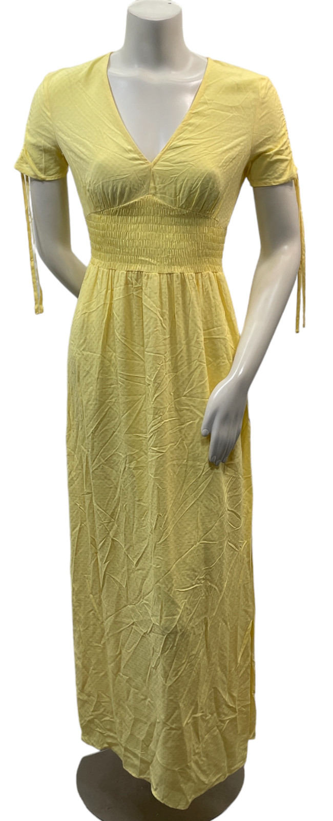 Bar III Maxi Dress Womens size XS Yellow Smocked Waist Vneck Short Sleeve New