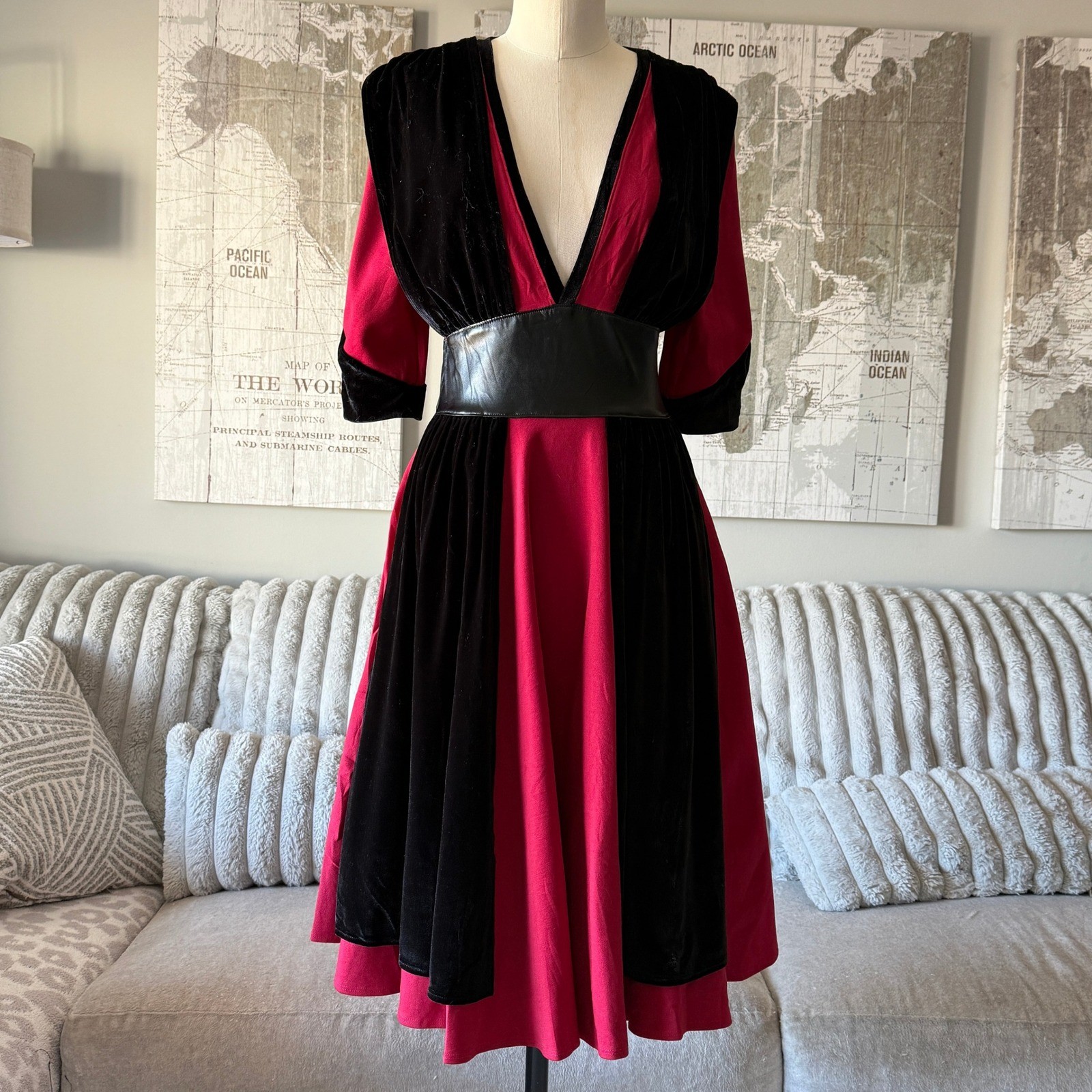 Elhoffer Design Galactic Empress Red Black Velvet Vinyl Midi Dress Womens Medium