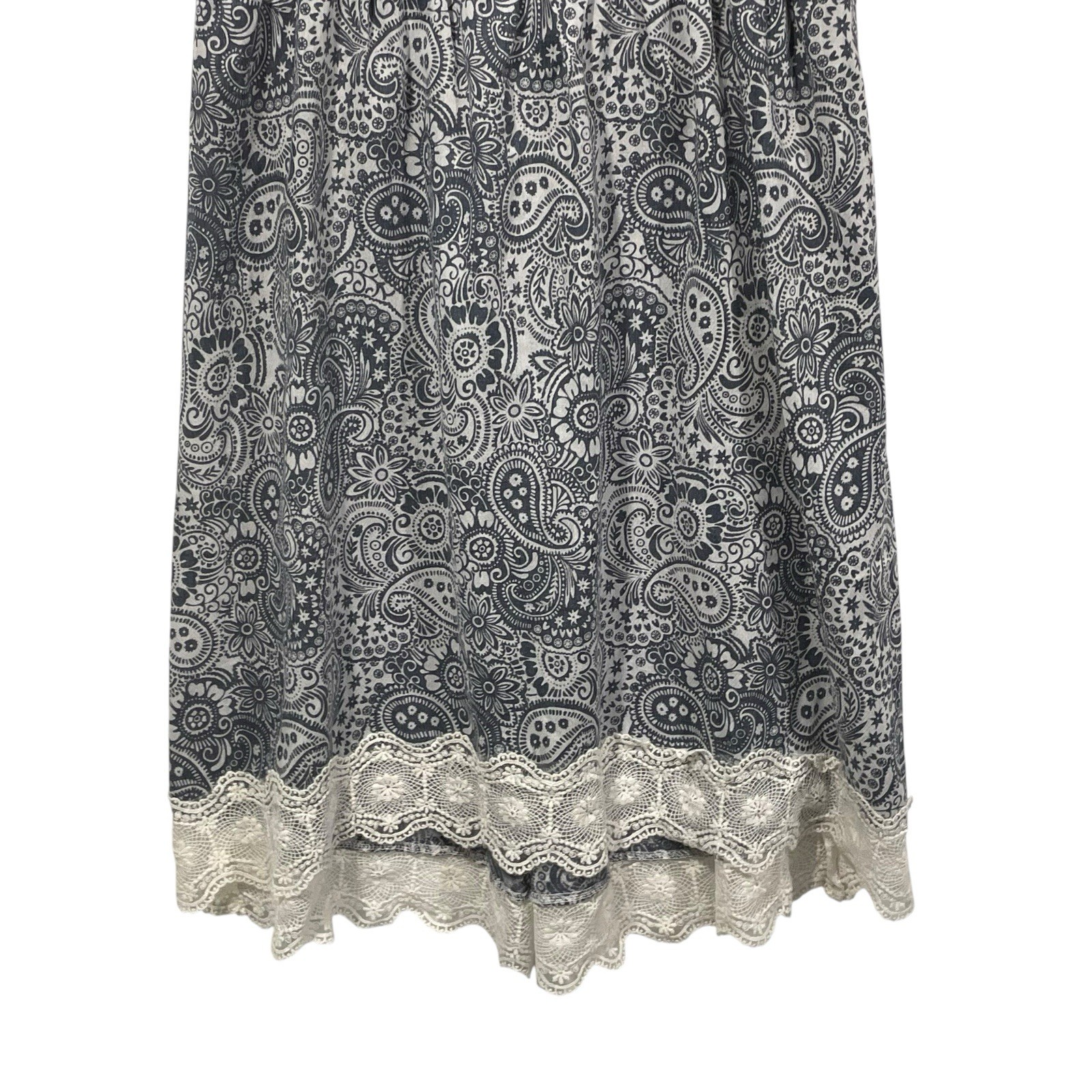 Doe & Rae Womens Lightweight Blue Paisley Dress Lace Up Back Lace Trim Sz S`