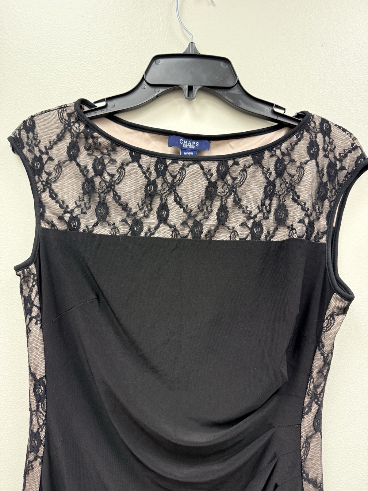 CHAPS Est. 1978-Women’s M Rutched Black Dress Lace Lined Side Panels – Classy!!