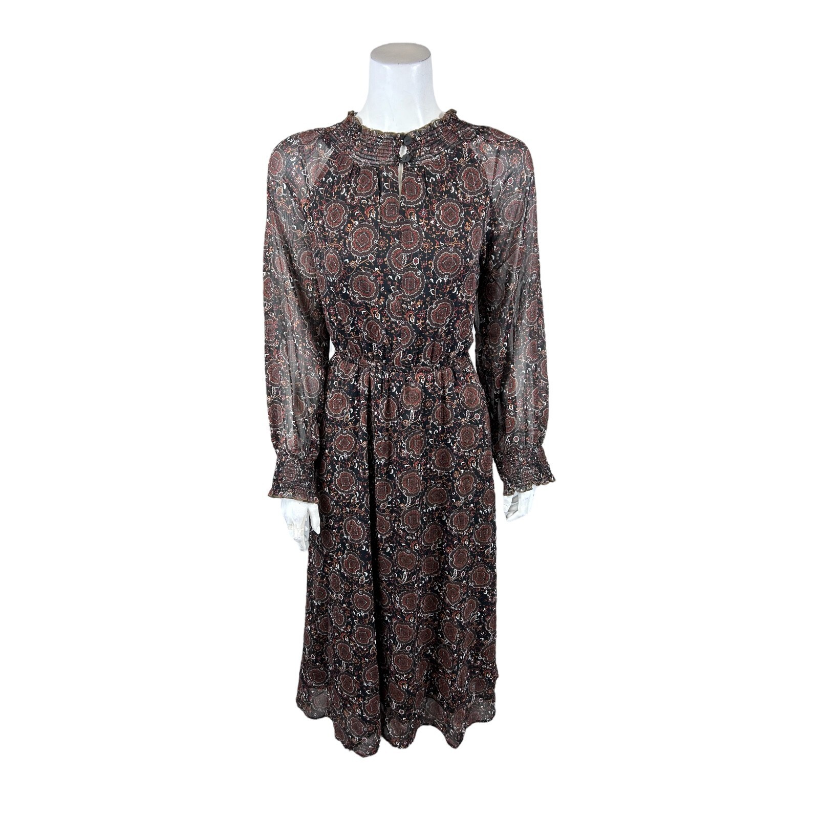 Girl With Curves Woven Blouson Sleeve Midi Dress Black Medallion Small Size
