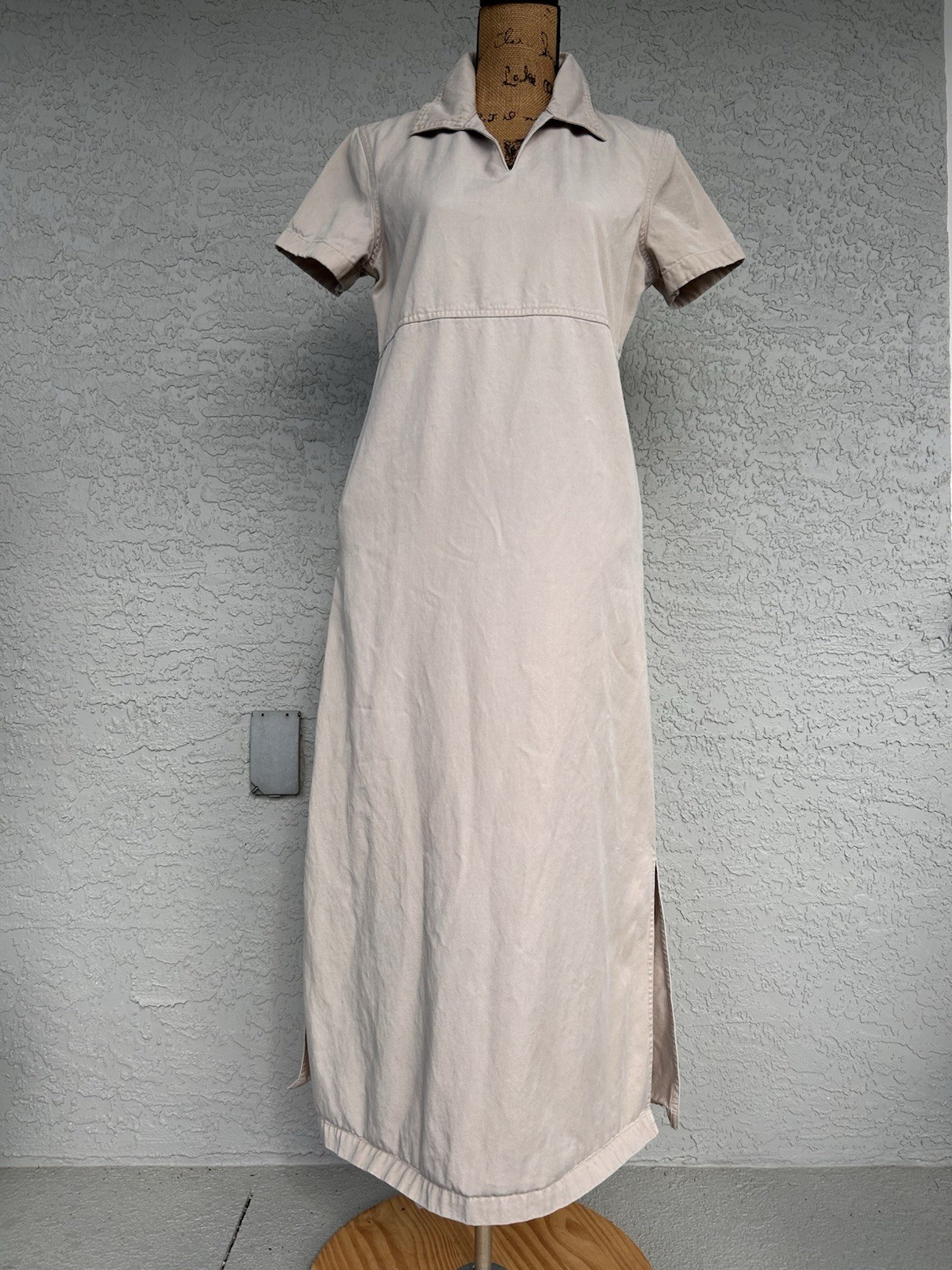 Susan Bristol Maxi Dress Khaki Denim Small Shift Pockets Minimalist Neutral