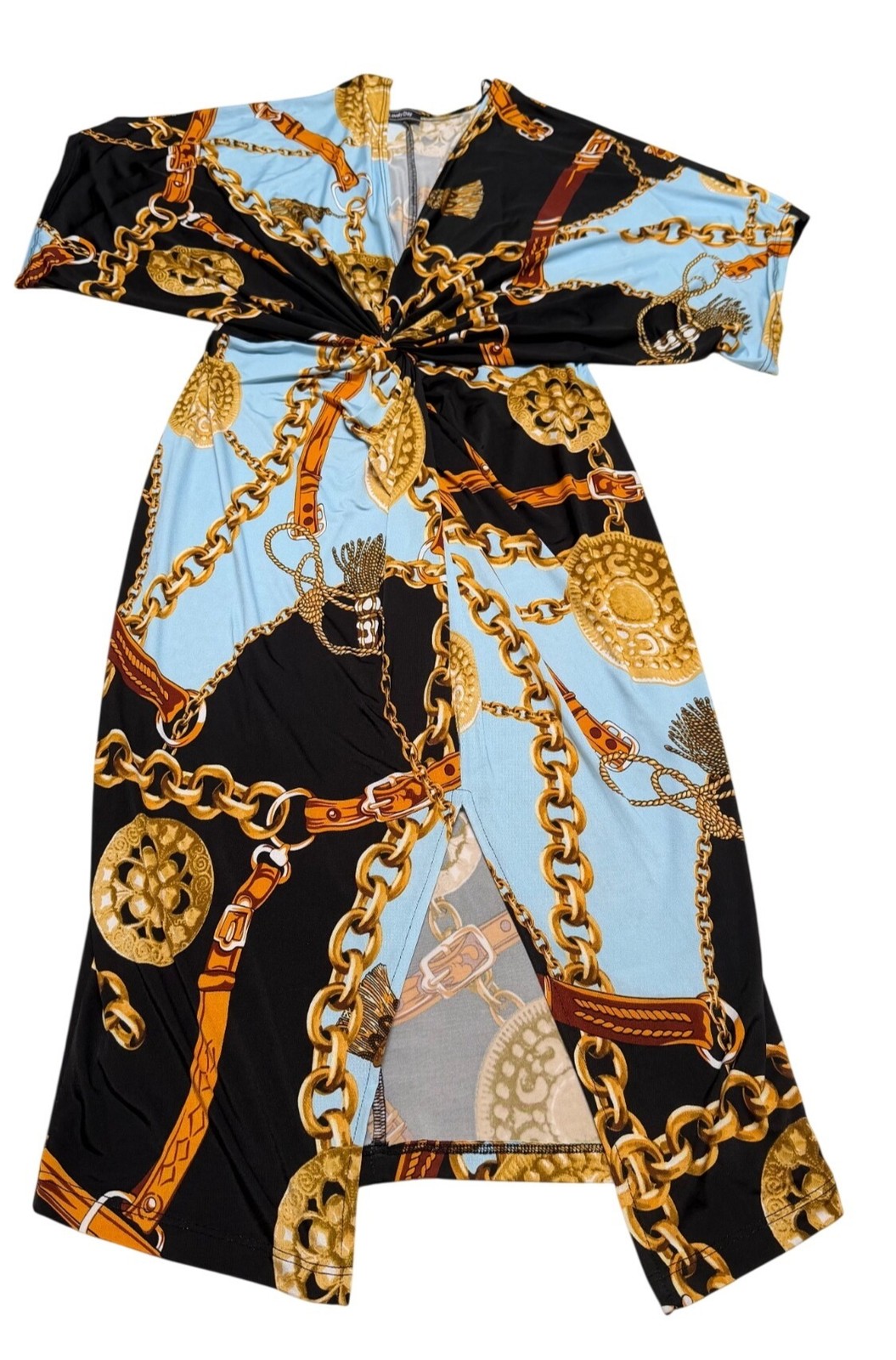 Lovely Day Chain Print Knot Front Midi Empire Dress Low Cut V-neck w/Slit Sz M