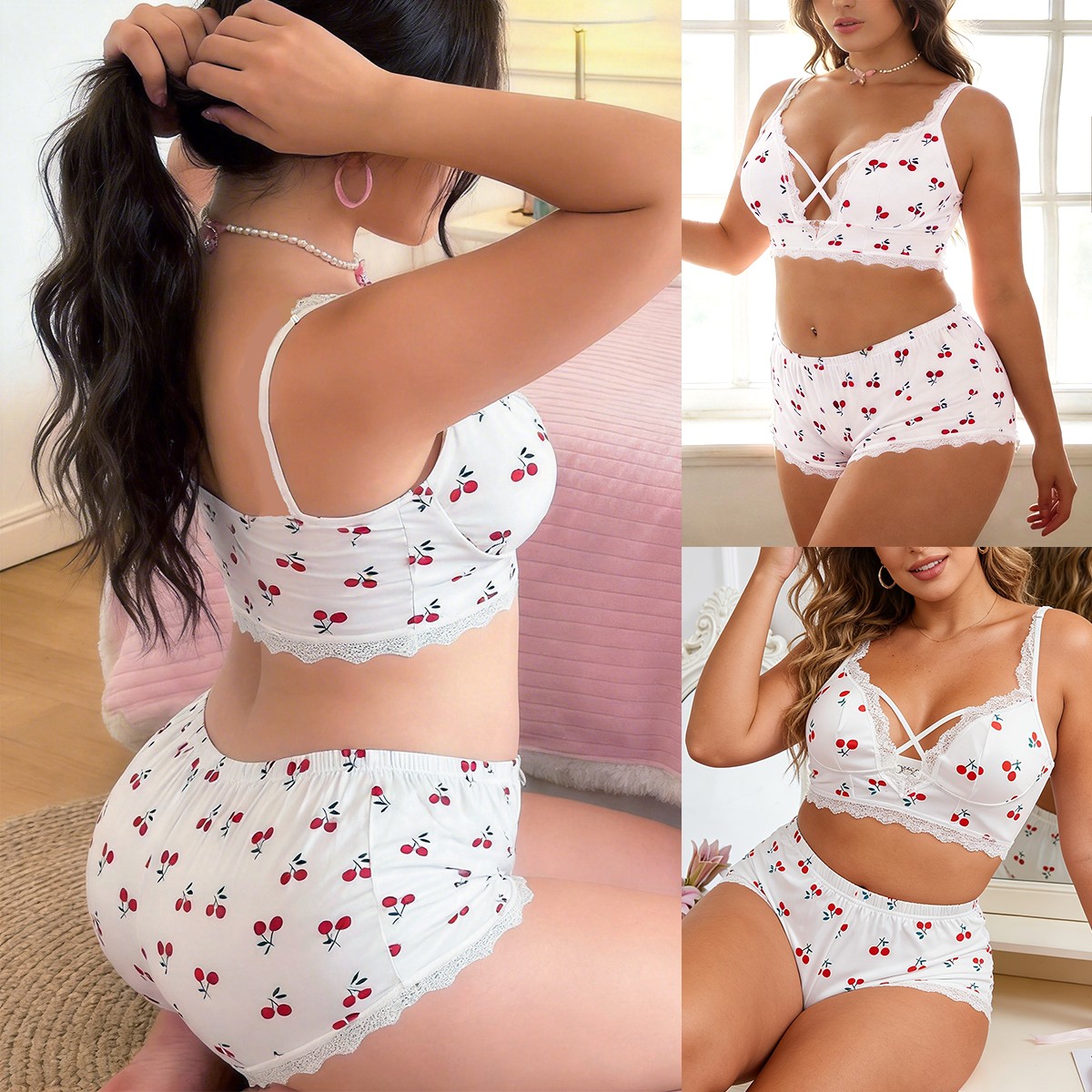 Women Sexy Nightgown Lace Teddy Cherry Bra Thong Set Babydoll Sleepwear Pajamas
