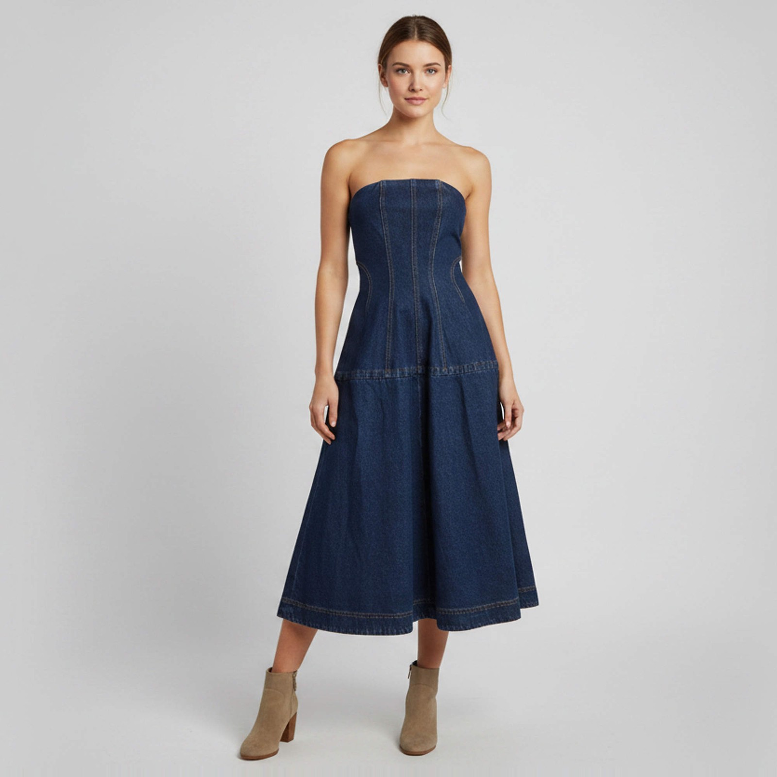 Magda Butrym Blue Denim Flared Strapless Midi Dress S