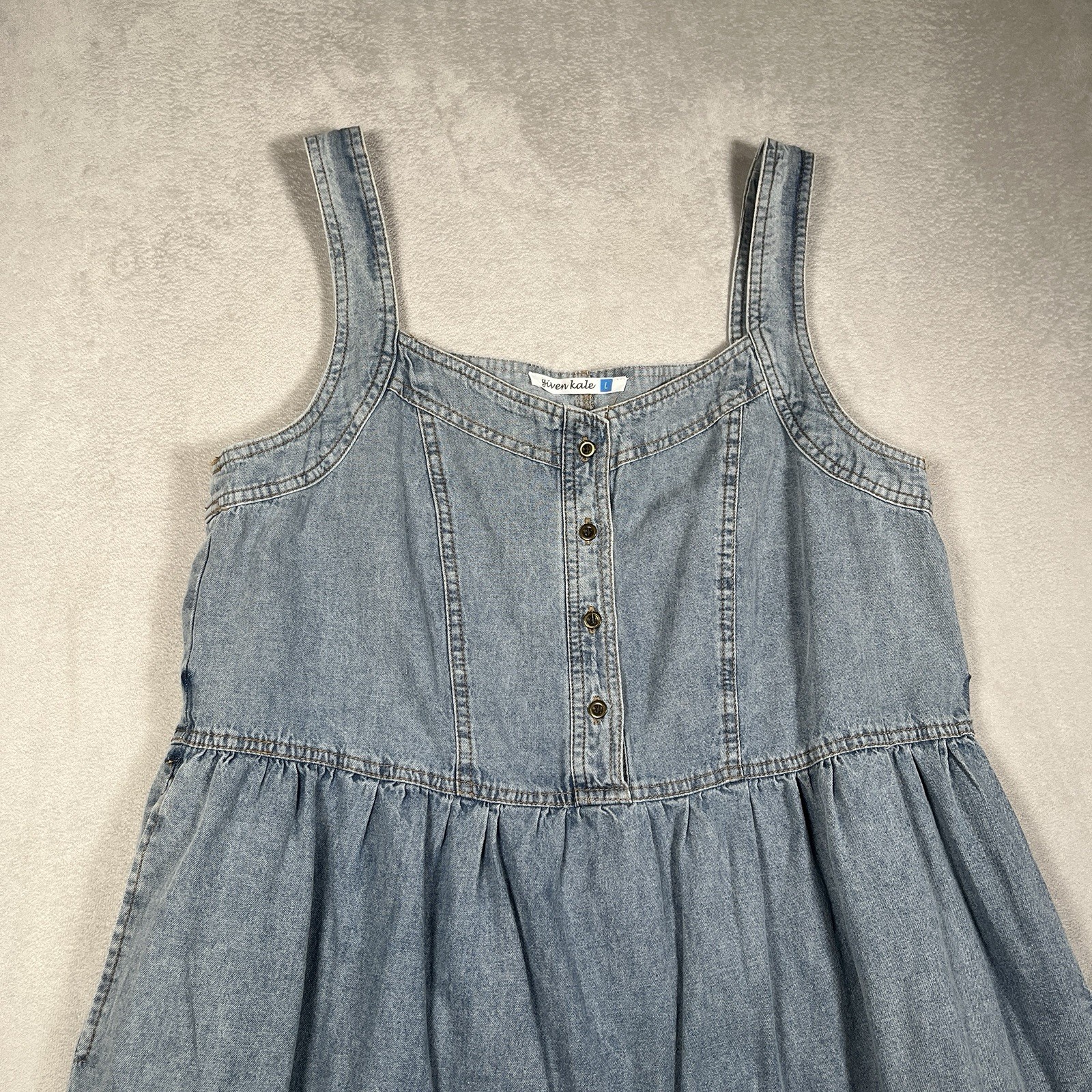 Given Kale Denim Tiered Maxi Dress Sleeveless Size Large Cotton Button Front