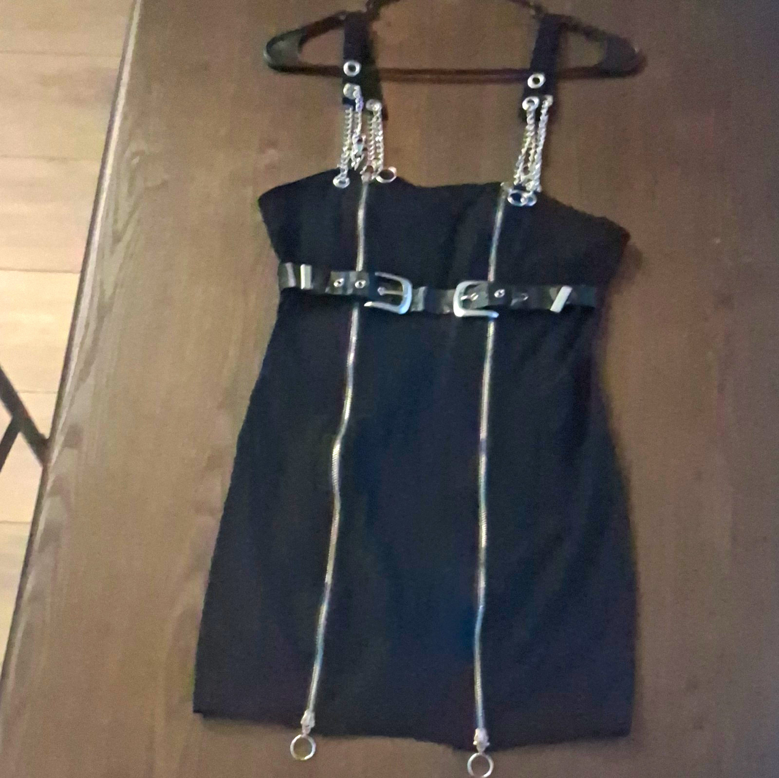 SHEIN Black Mini Dress Straight Neck Chain Strap Buckle Zip Front M