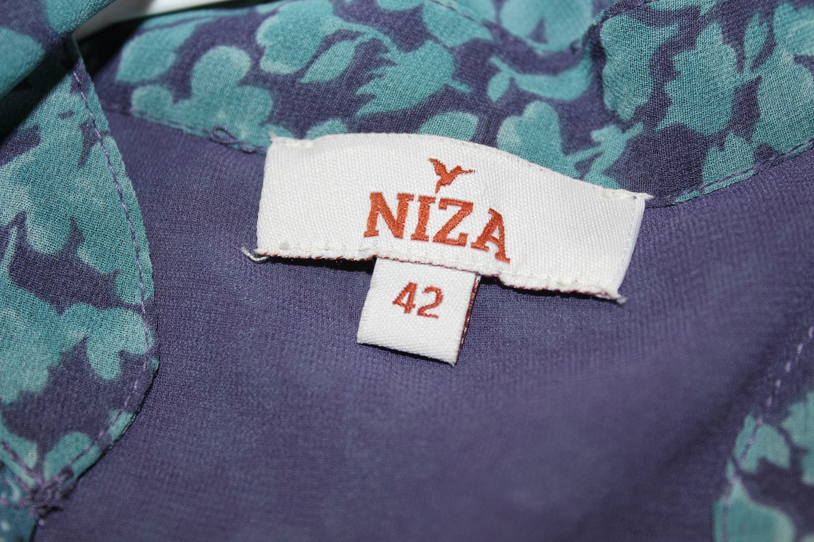 NIZA Spain Blue Paisley Shift Dress Beaded Bohemian Ruffle Sleeve Tunic Size 10