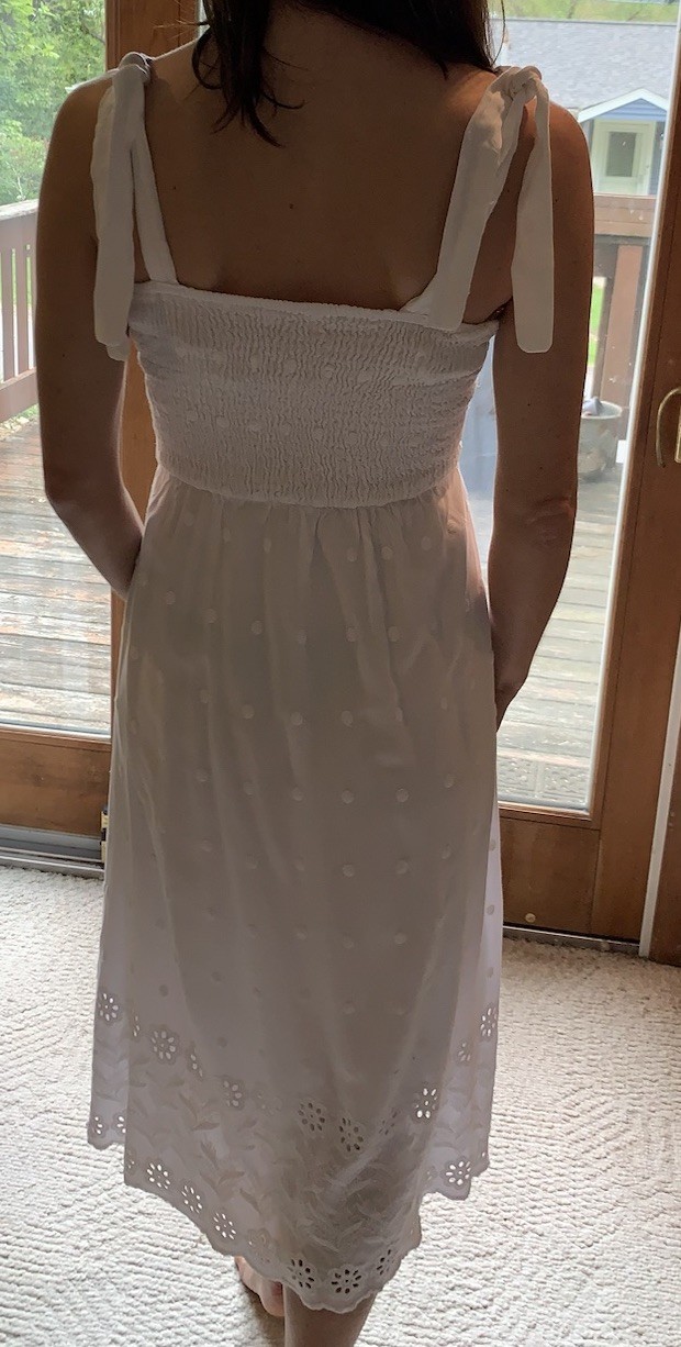 White summer long cotton eyelet dress tie sleeveless scalloped design edge Sm