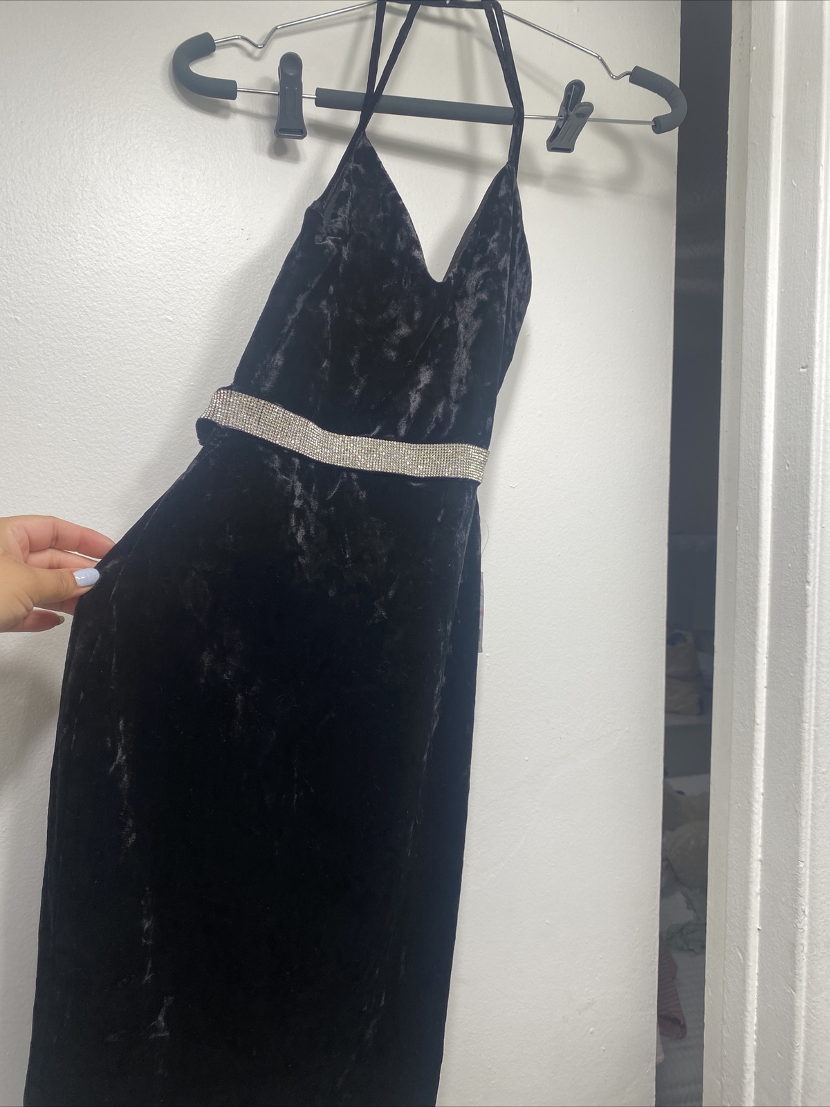 Fashion Q Sze Medium Runs Like A Small Sexy Rhinestne Black Velvet Backless Dres