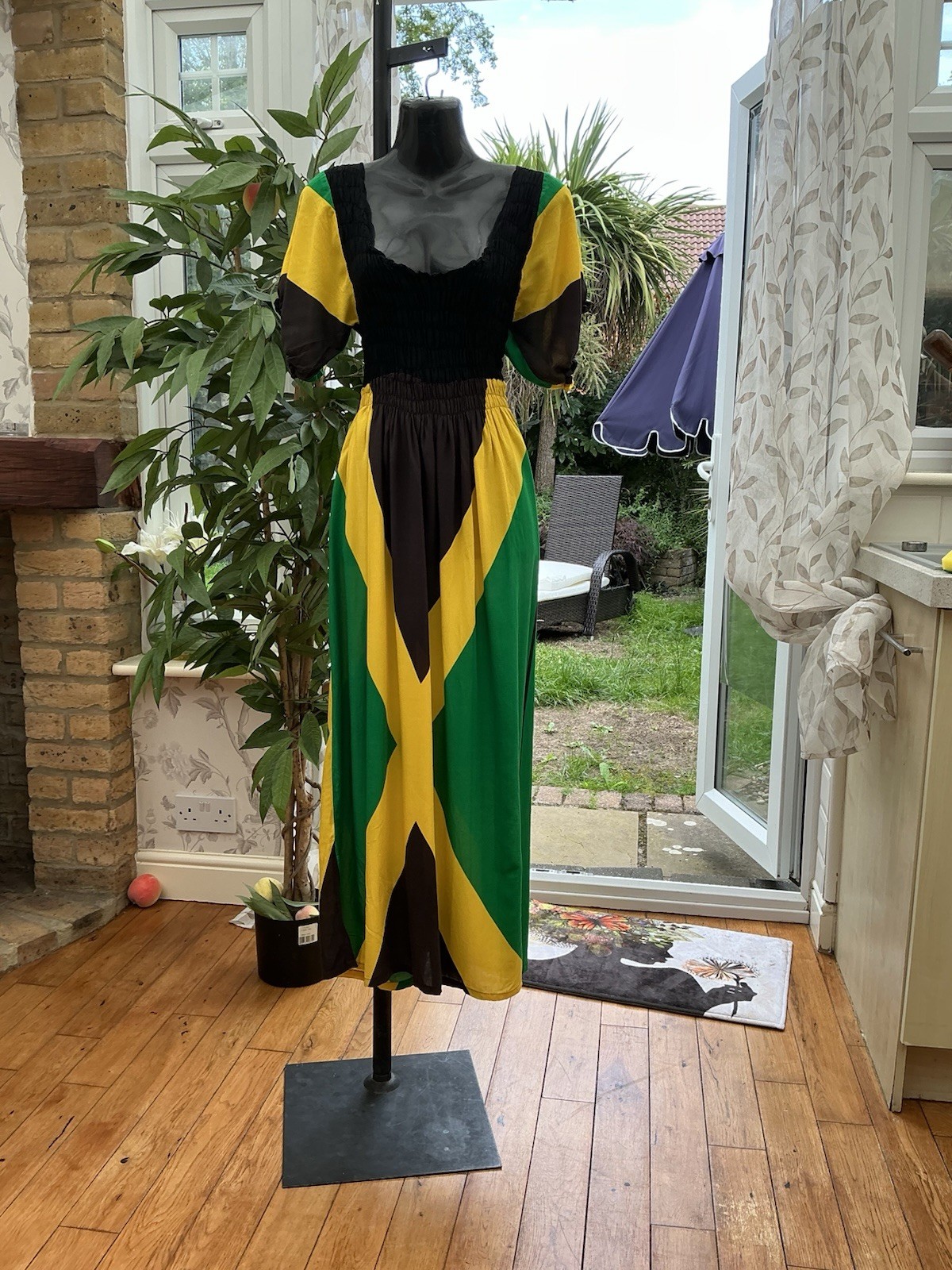 NEW ARRIVAL….HANDMADE…JAMAICAN FLAG COLOUR PRINT, LONG DRESS…Size 14-16