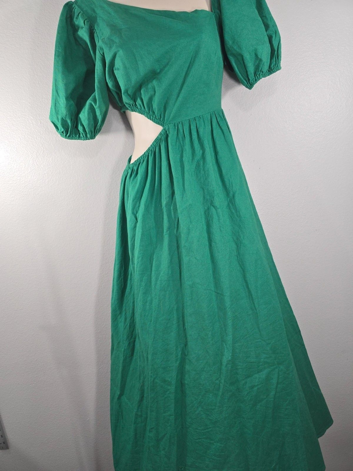 All About May Maxi Dress Size 4 Green Linen Blend Side cut out Milkmaid boho BZ