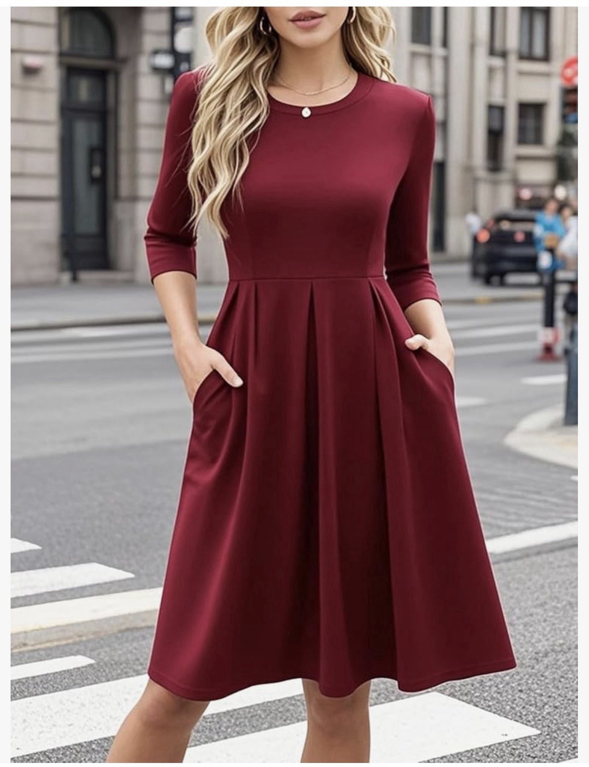Oxiuly BURGUNDY/Wine Half Sleeve Fit N Flare Midi Dress XXL (12) Pockets
