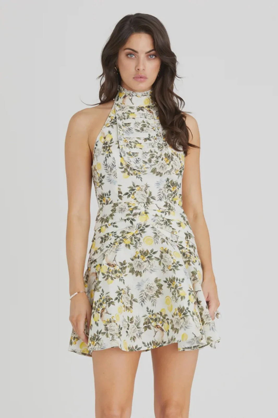 Aqua Blue Australia New Clementine Kailey Lemons Floral Mini Halter Dress L Bib