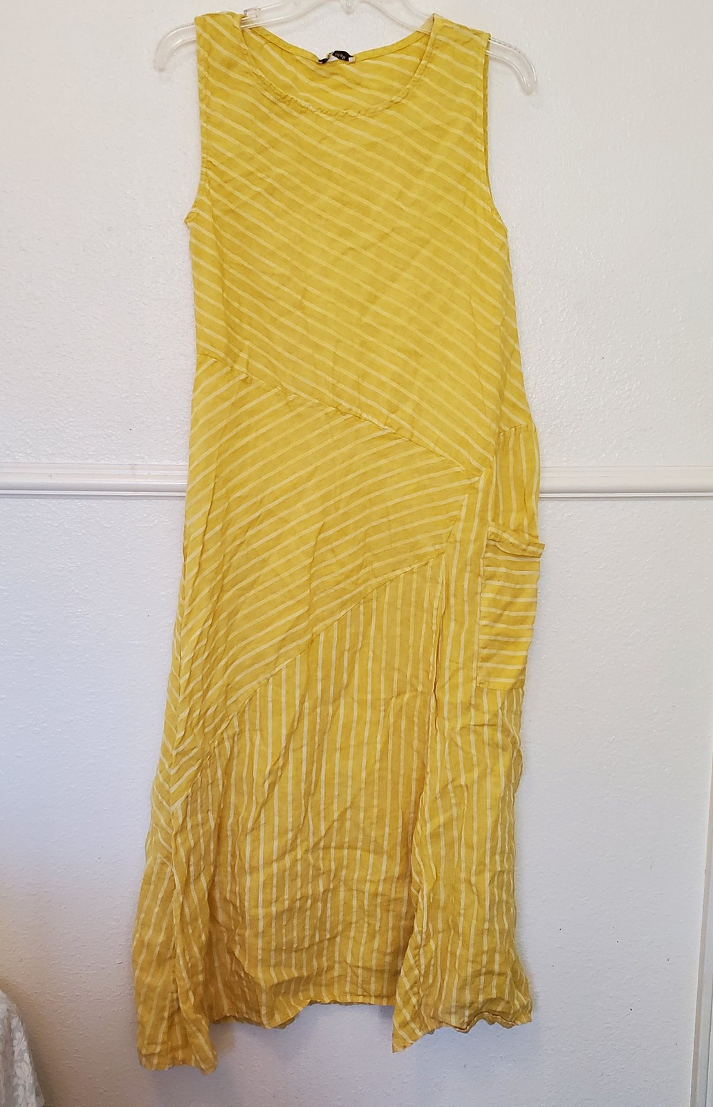 Meo Meli Women’s Yellow White Stripe Linen Blend Sleeveless Midi Maxi Dress